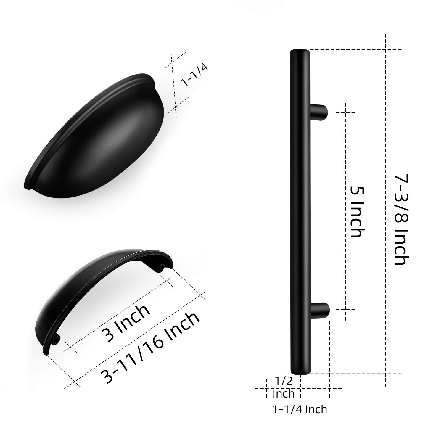 Ravinte 25-Pack 7 Inch Matte Black Cabinet Pulls & 15-Pack 3 Inch Flat Black Cabinet Cup Pulls - Modern Drawer Handles for Kitchen, Bathroom, Office Furniture (Durable & Stylish Hardware)