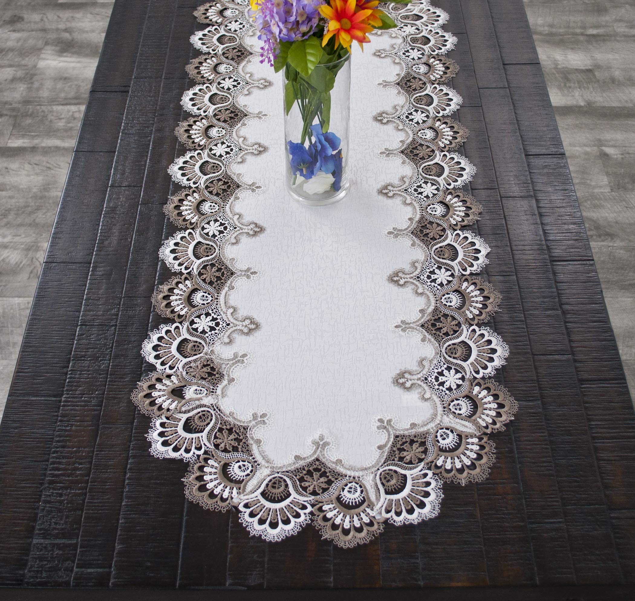 Elegant Cocoa Earth Tones Jacquard Peacock Tail Lace Table Runner & Dresser Scarf - 16x44 Inches - Perfect for Dining Tables, Buffets, and Dresser Tops