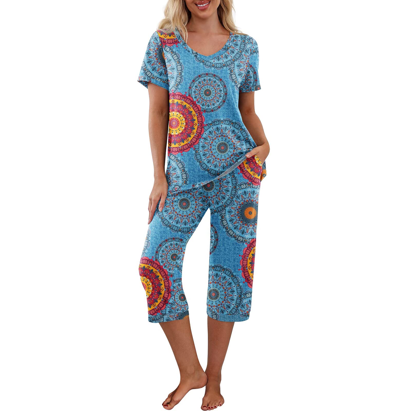 Franhais Women's Short Sleeve V-Neck Pajama Set - 2 Piece Lounge Sleepwear with Pockets | Soft & Comfortable PJs for Sleeping, Lounging at Home, and Relaxing