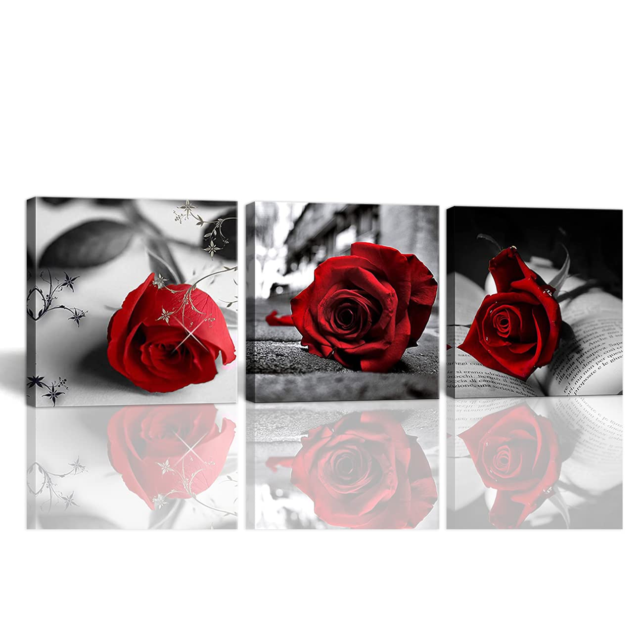 Red Rose Canvas Wall Art - 3 Panel Black & White Flower Painting, Abstract Rose Picture for Bathroom & Home Decor (24x24 Inches, Framed) | Perfect for Living Room, Bedroom & Office Wall Decoration