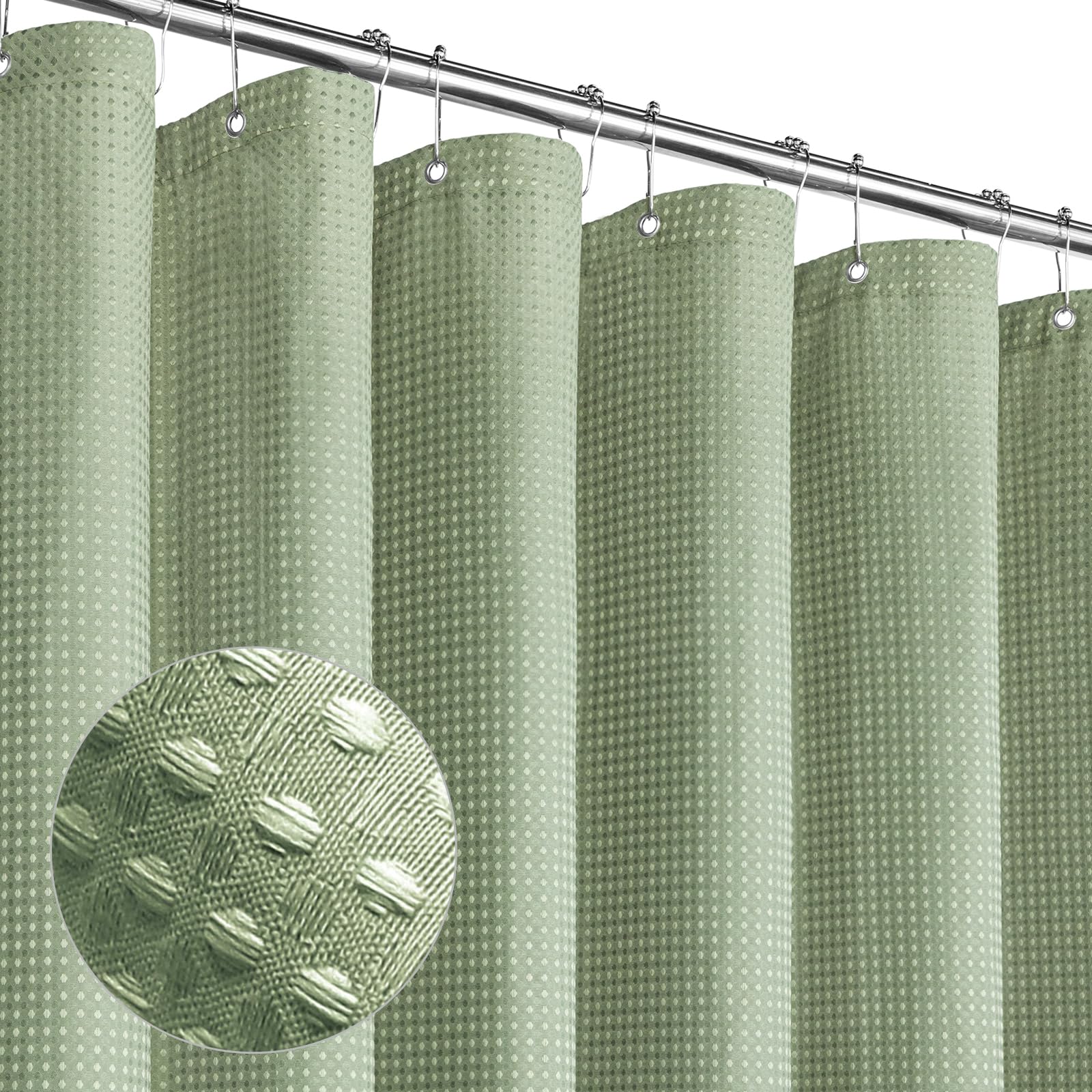 MitoVilla 72 x 78 Inch Waffle Weave Shower Curtain Set - Sage Green Fabric Bathroom Curtain with Rustic Farmhouse Design, Luxury Hotel Style Cloth Shower Curtain for Spa-Like Bathroom Decor (Perfect for Master Bath, Guest Bath & Vacation Homes)