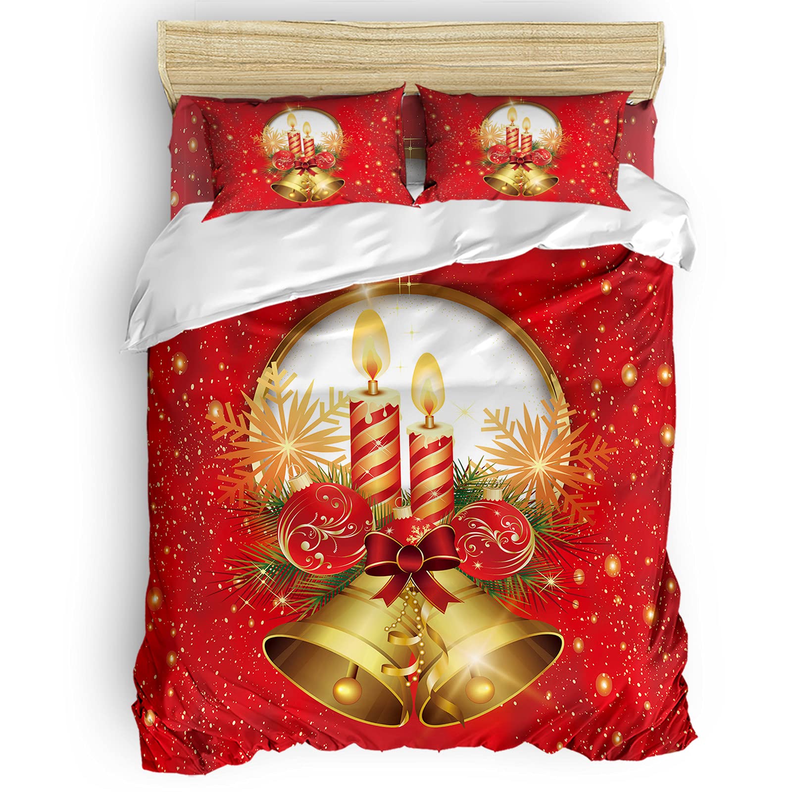 Laibao Twin Size Christmas Duvet Cover Set - Red Bell & Candle Design with 4-Piece Bedding Set (Includes 2 Pillowcases & 1 Flat Sheet) | Soft, Breathable Quilt Cover for Boys & Girls | Perfect for Holiday Bedrooms, Christmas Decorations & Cozy Winter Nights