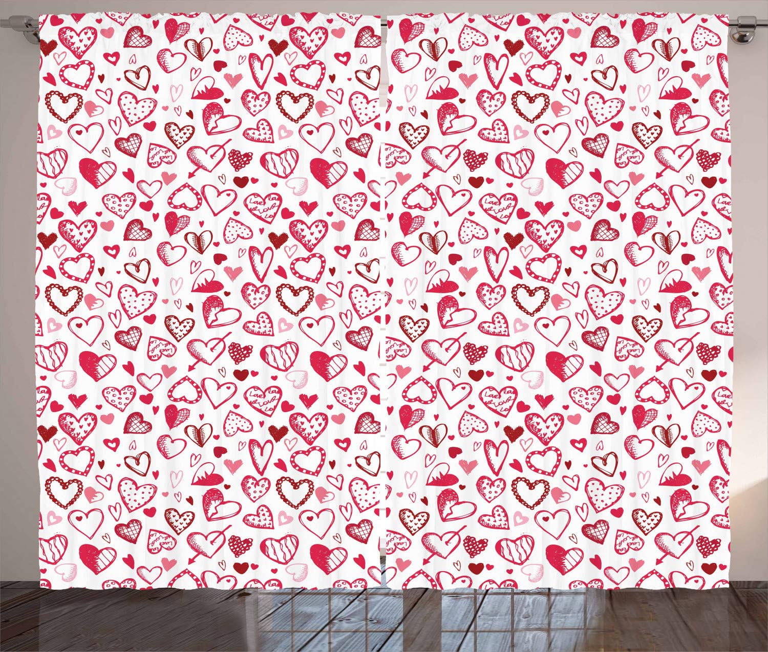 Ambesonne Valentines Curtains - Romantic Red & Pink Heart Sketch Design, 2 Panel Window Drapes 108x96 Inches for Living Room & Bedroom | Perfect for Couples Gift, Anniversary Decor & Valentine's Day Home Decoration