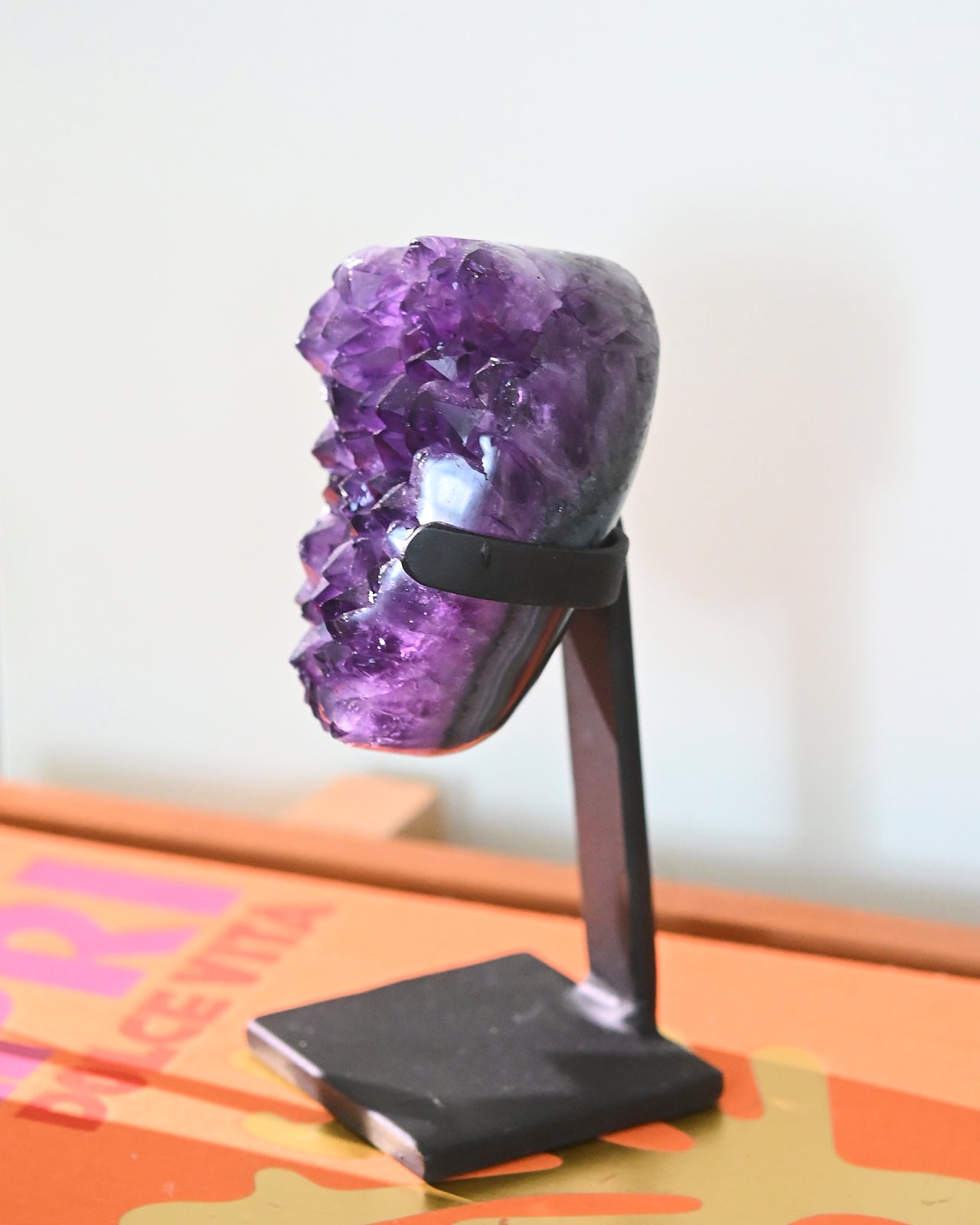 Natural Amethyst Crystal Geode on Wooden Stand - 3lbs Raw Purple Quartz Cluster for Home Decor, Meditation & Healing | Perfect for Living Room, Office & Spiritual Space