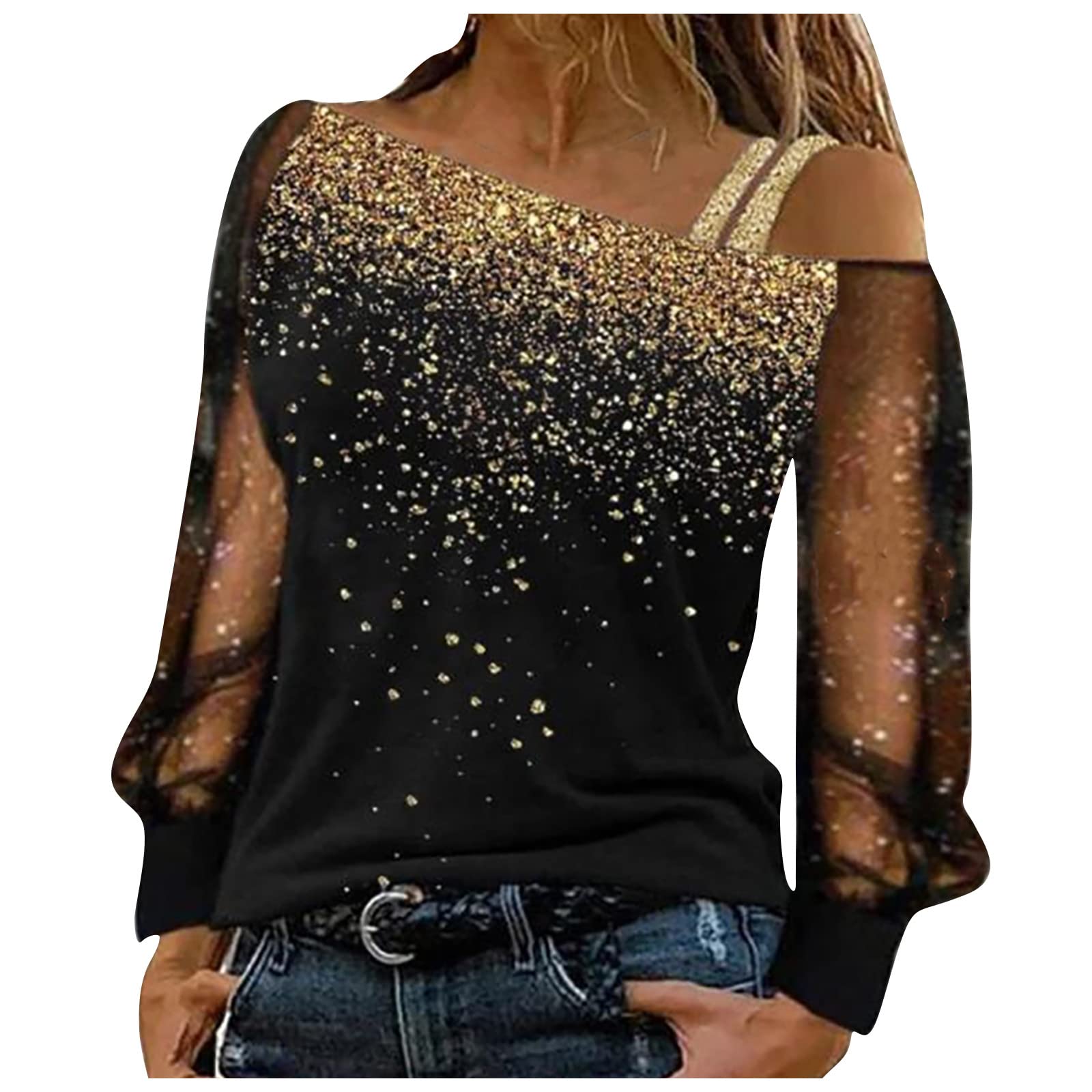 HUANKD Women's Sexy Off Shoulder Long Sleeve Tops - Lace Sleeve Casual Blouse for Date Night, Party & Everyday Wear