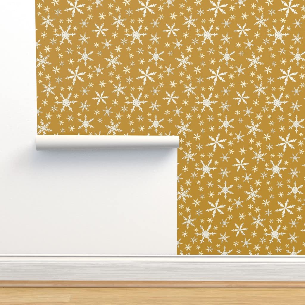 Peel & Stick Removable Wallpaper - Snowflakes Large Ivory Dark Winter Snow Holidays Mustard Yellow Custom Wallpaper by Spoonflower | Perfect for Bedroom, Nursery, Living Room & Office Decor