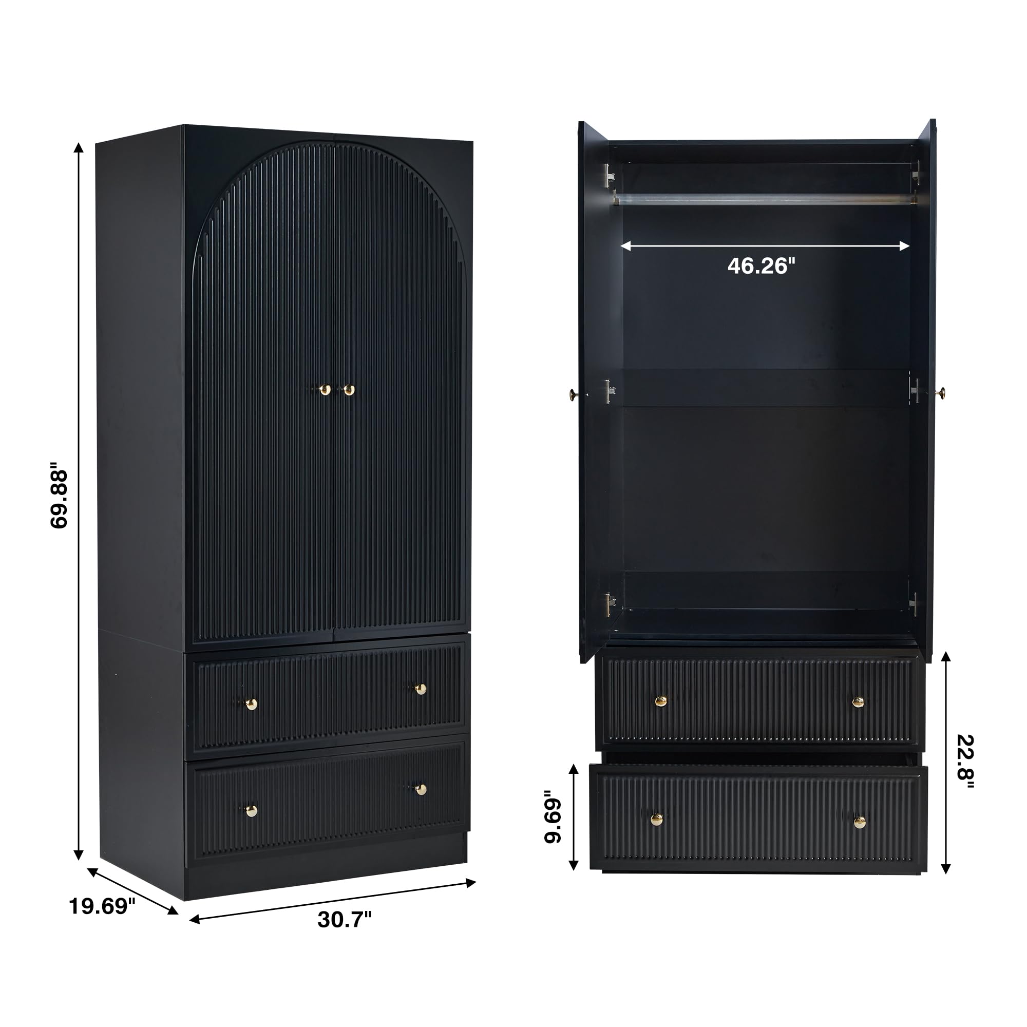 ORRD Black Freestanding Armoire Wardrobe Closet with 2 Doors & 2 Drawers - Large Capacity Wooden Storage Cabinet for Bedroom, Closet Organizer for Clothes, Shoes & Accessories | Perfect for Small Spaces & Apartment Living