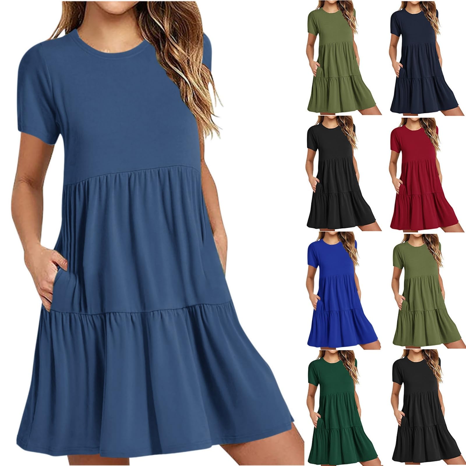 Women's Summer Casual Short Sleeve Tiered Flowy Midi Dress with Pockets - Loose Crewneck T-Shirt Sundress for Beach, Vacation & Everyday Wear