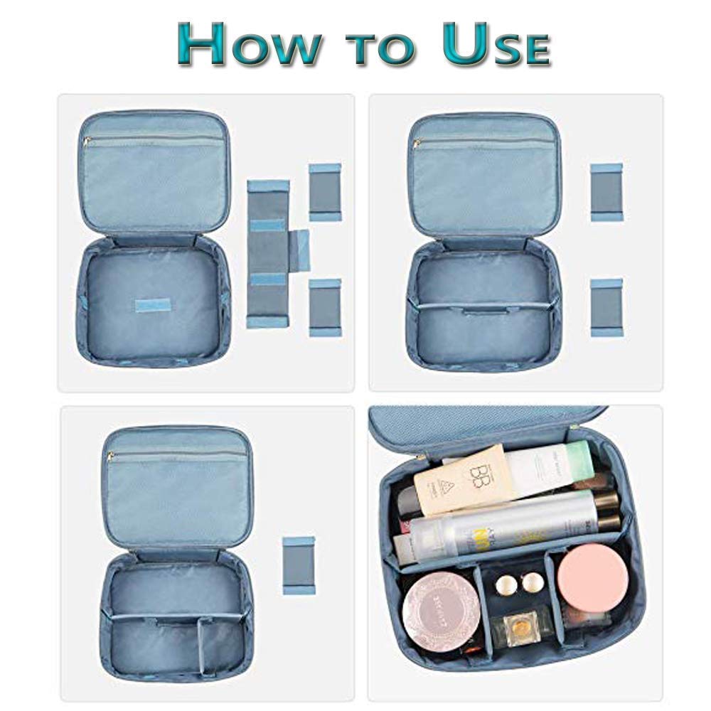 SKYFUN 17cm Foldable Nylon Travel Makeup Bag with Adjustable Dividers & Handles - Blue Flamingo Print Cosmetic Organizer for Bathroom, Train Case, Travel Essentials & Toiletry Storage