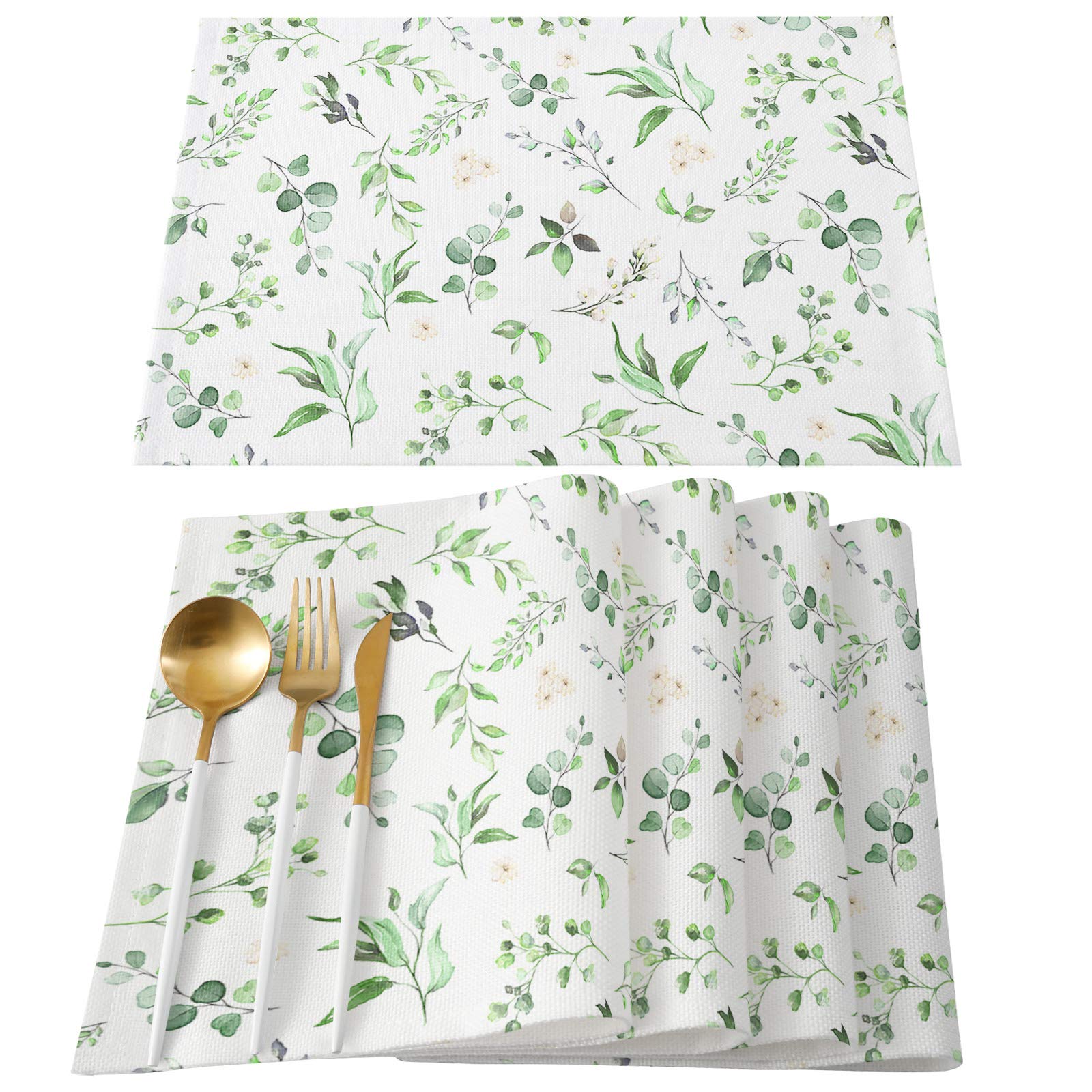 Waterproof Floral Placemats Set of 4 - Heat Resistant Non-Slip Washable Table Mats for Kitchen Dining, Holiday Gatherings & Banquets - Elegant Watercolor Leaves Design in Retro Green