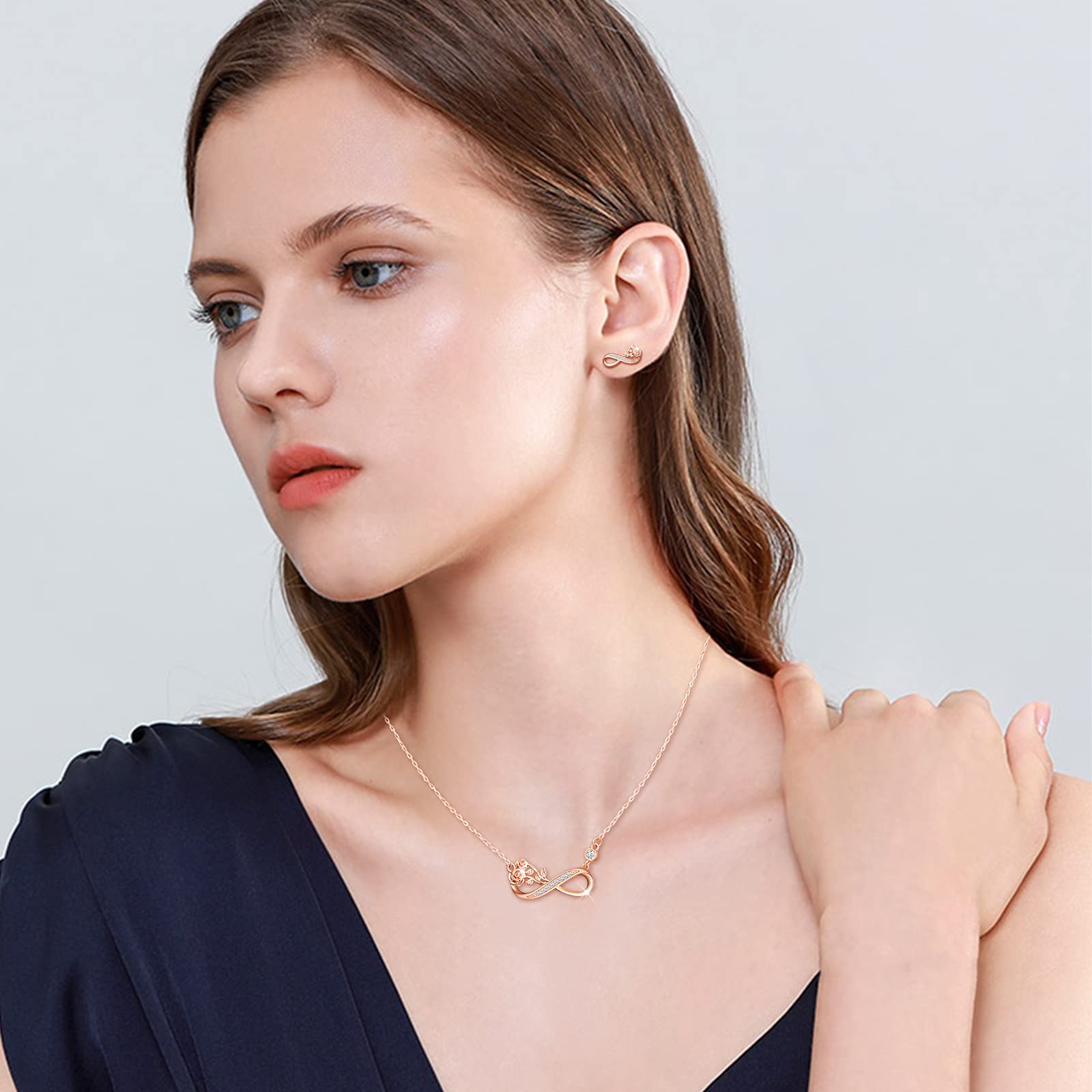 Yumilok Sterling Silver Infinity Rose Necklace & Stud Earrings Set for Women - Cubic Zirconia Flower Jewelry, Anniversary Birthday Gifts for Wife Girlfriend (Rose Gold) | Perfect for Date Nights, Weddings & Special Occasions