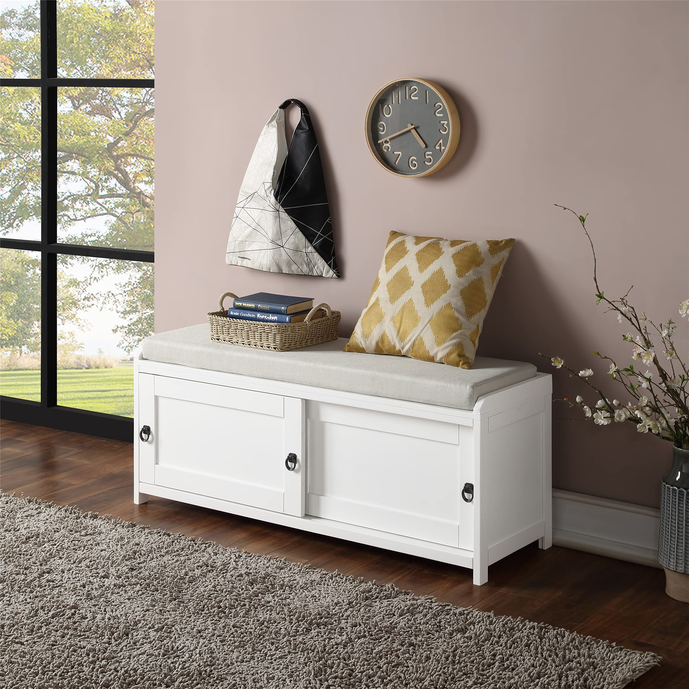 Rustic Entryway Storage Bench with 2 Cabinets & Removable Cushion - Shoe Bench for Living Room, Hallway, Foyer - White Wooden Organizer for Shoes, Hats & Home Decor