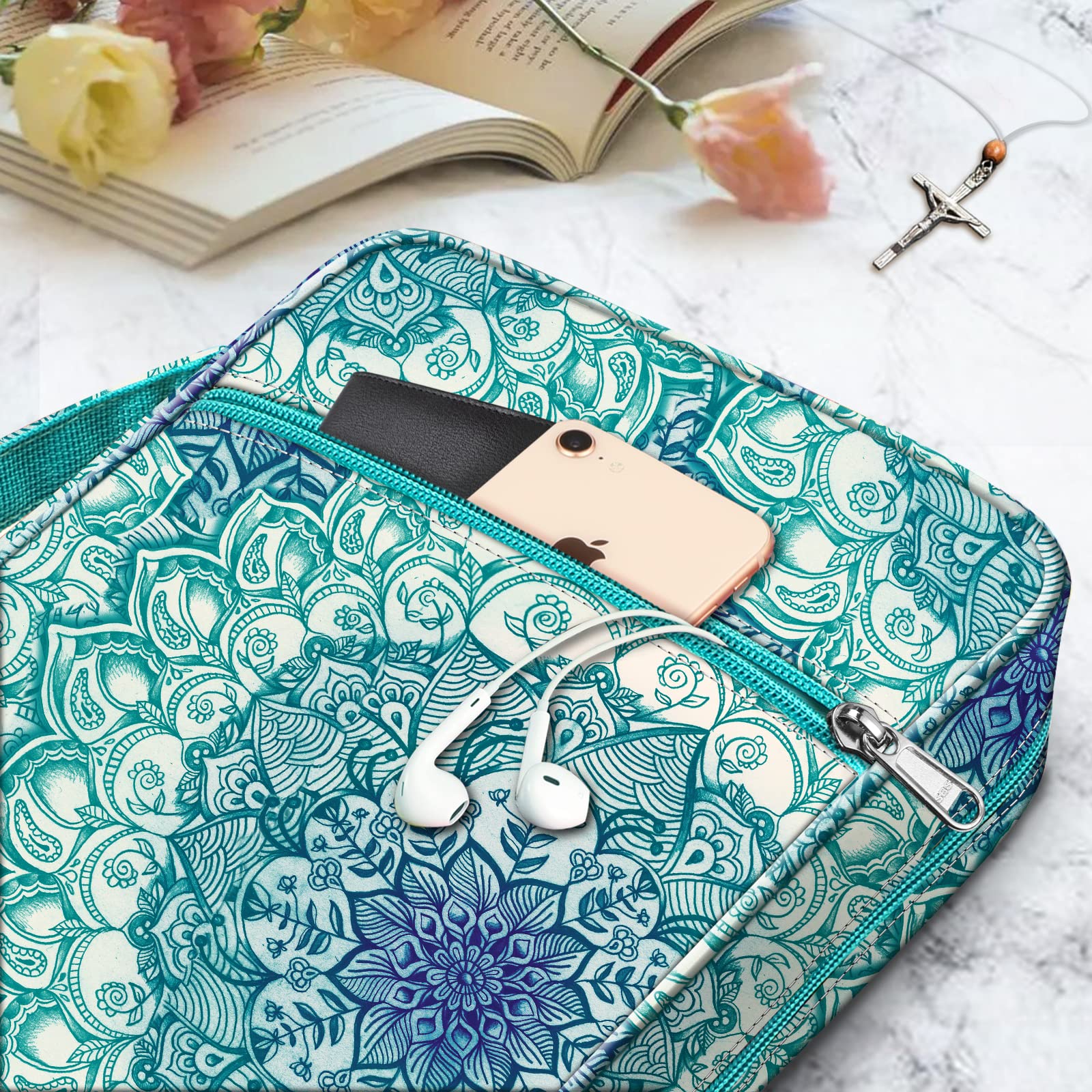 FINPAC Bible Cover with Handle & Zipper Pocket - Durable Protective Book Case for Church, Travel & Daily Use - Perfect Gift for Women, Men & Mothers - Emerald Green Design for Scripture Protection