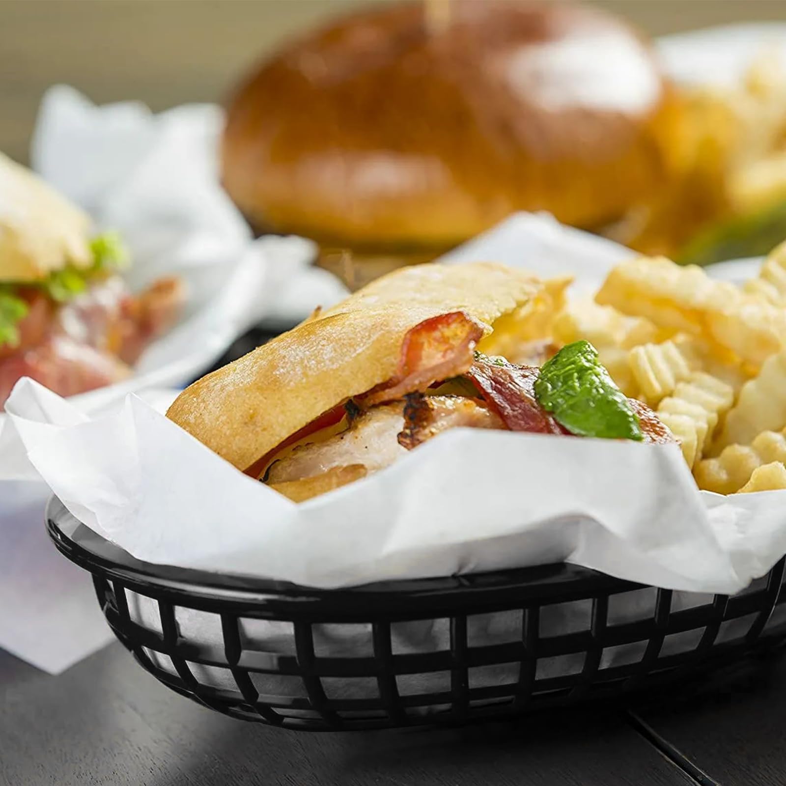 50 Pack Black Plastic Fast Food Baskets 9x5.7x1.5 Inch for Serving Fried Chicken & Fries