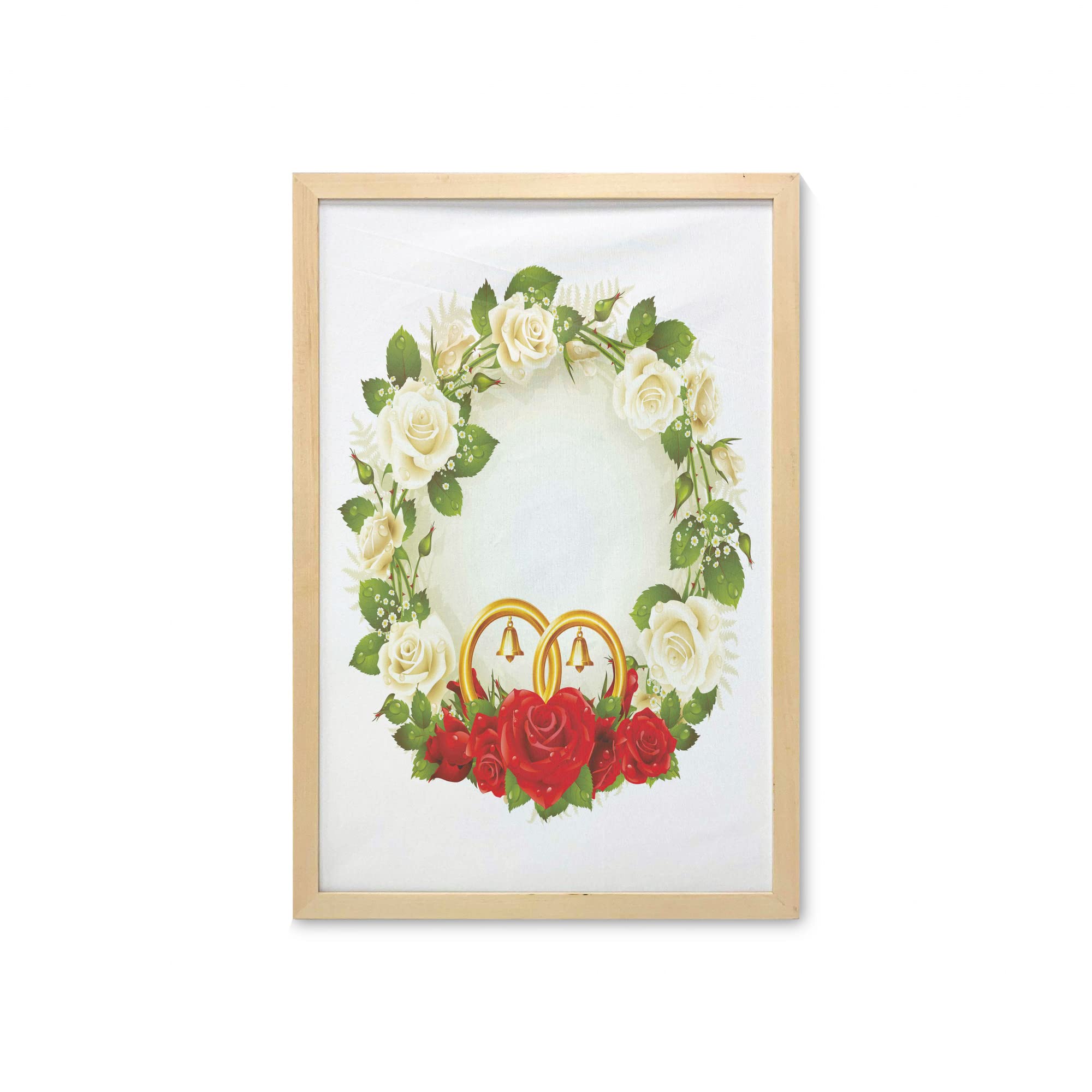 Ambesonne Framed Wedding Wall Art - White & Red Roses with Wedding Rings Romantic Decor, 23x35 Inch Printed Fabric Poster - Perfect for Bedroom, Living Room, Bathroom & Dorm Decorations