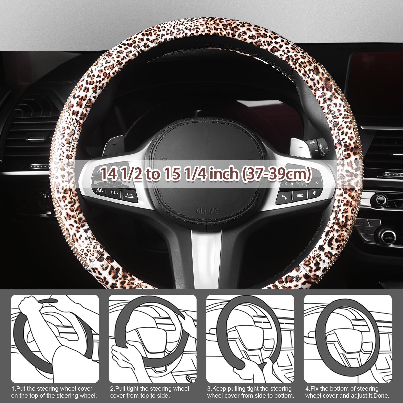 Stylish AUTOYOUTH Leopard Print Leather Steering Wheel Cover with Bling Crystal Rhinestones - Anti-Slip, Universal 15 Inch Fit for Cars, SUVs, Trucks (Black/Silver) - Perfect Gift for Women & Girls, Enhances Driving Comfort & Vehicle Interior Style