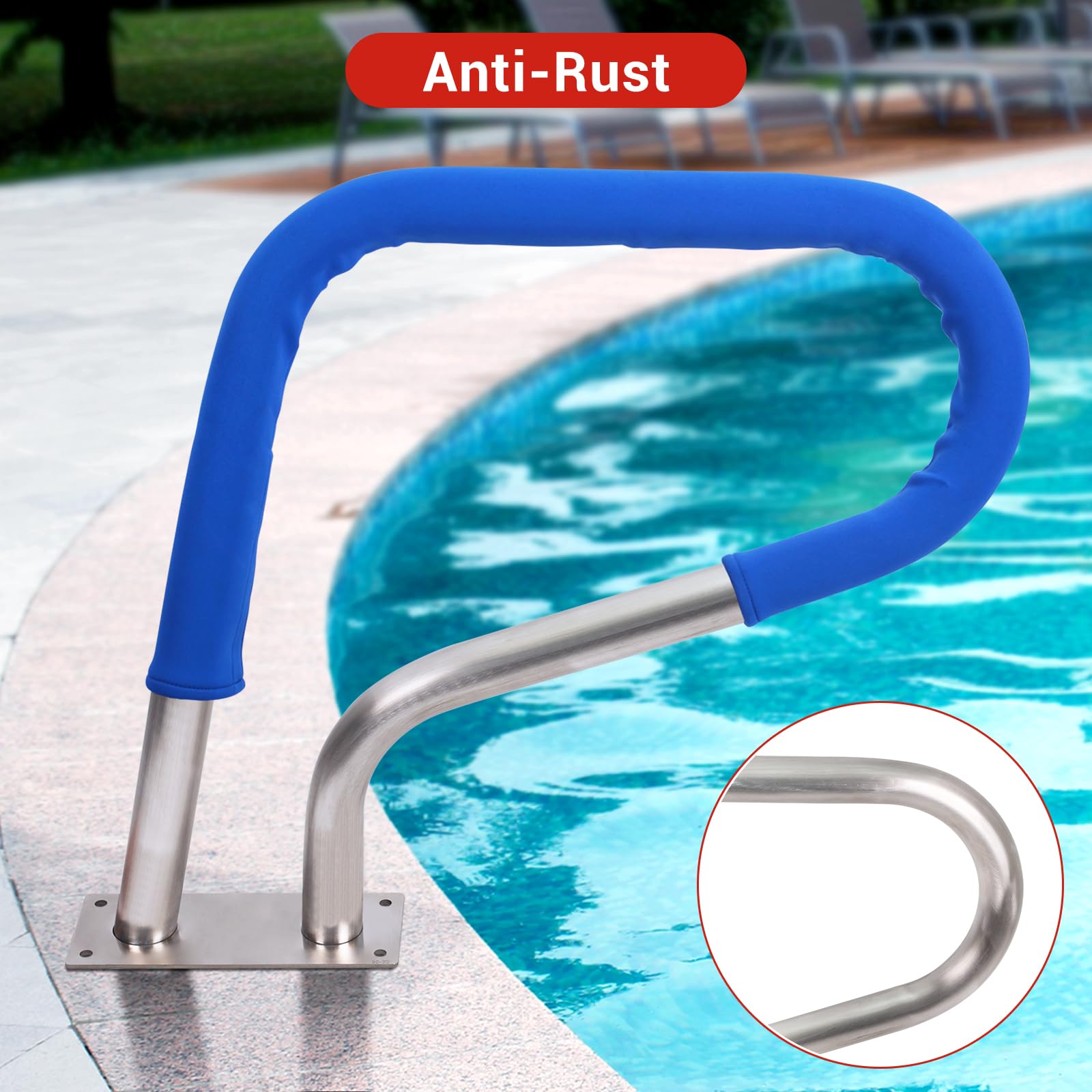 32 x 23 Inch 304 Stainless Steel Swimming Pool Handrail with Blue Grip Cover - Rustproof Safety Rail for Inground Pools - Perfect for Pool Entry/Exit & Elderly/Swimmer Support