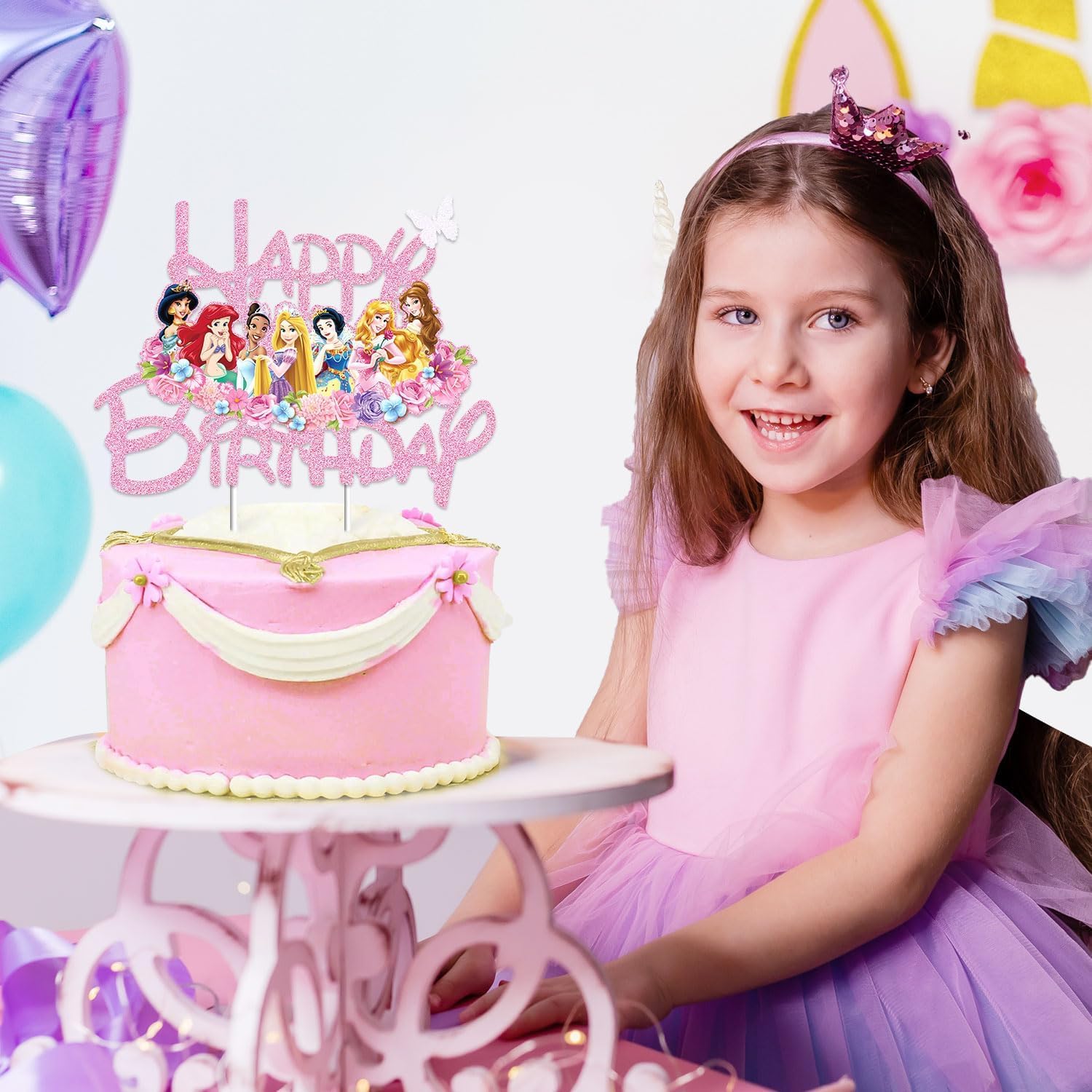 EnlSinr Double-Sided Pink Glitter Princess Cake Toppers for Girls - Elegant Castle-Themed Birthday Party Decorations | Perfect for Princess Birthday Cakes, Baby Showers & Fairy Tale Themed Celebrations