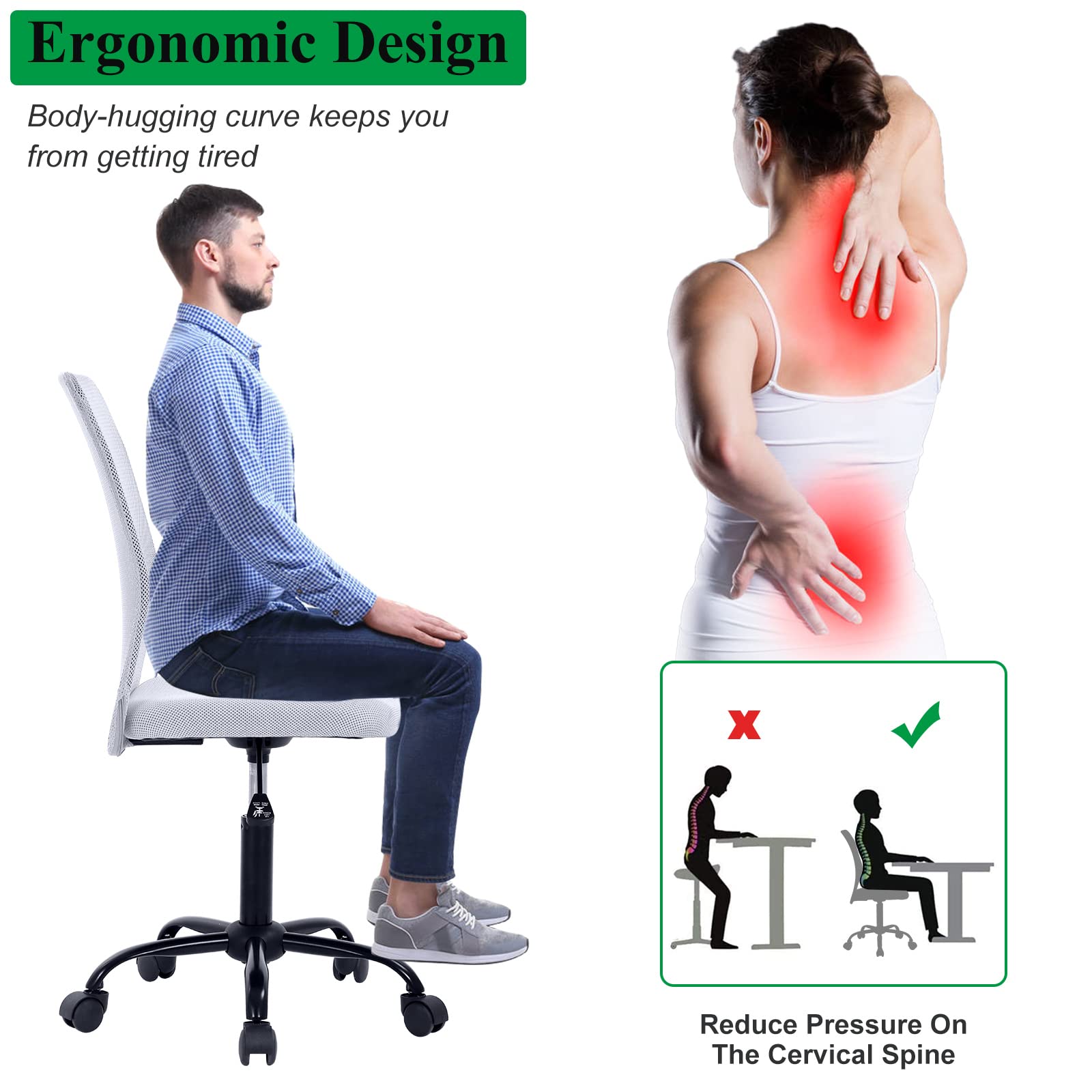 Ergonomic Mesh Office Chair - Modern Mid Back Rolling Swivel Computer Desk Chair with Breathable Fabric, Armless Design for Home & Office Use - Perfect for Long Hours of Work, Gaming, or Studying (White)