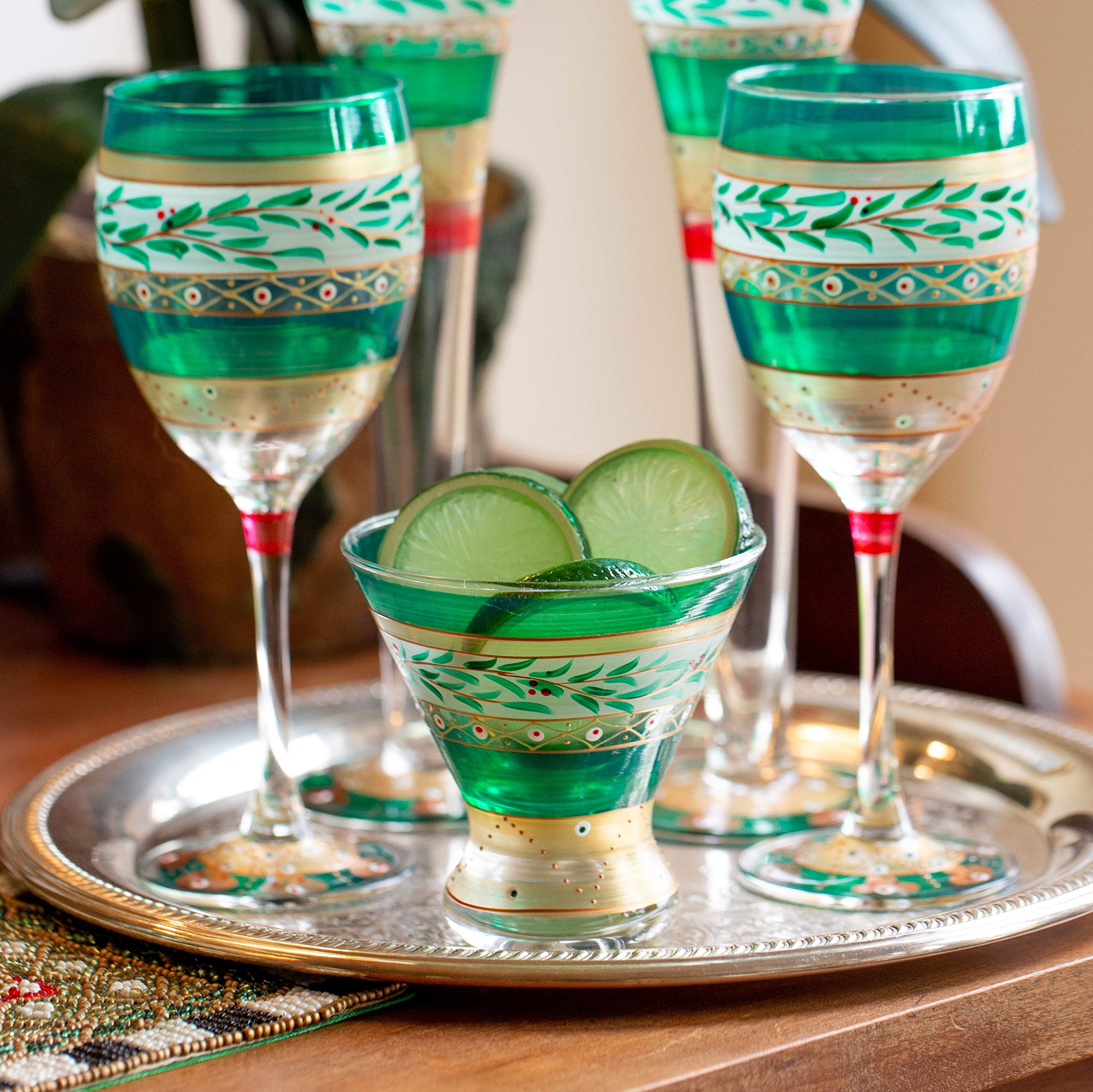 Hand Painted Moroccan Mosaic Forest Cosmopolitan Glasses Set of 2 - Unique Artisan Glassware by USA Artists - Elegant Drinkware for Cocktails, Wine & Home Decor - Perfect for Dinner Parties, Wedding Gifts & Kitchen Table Décor