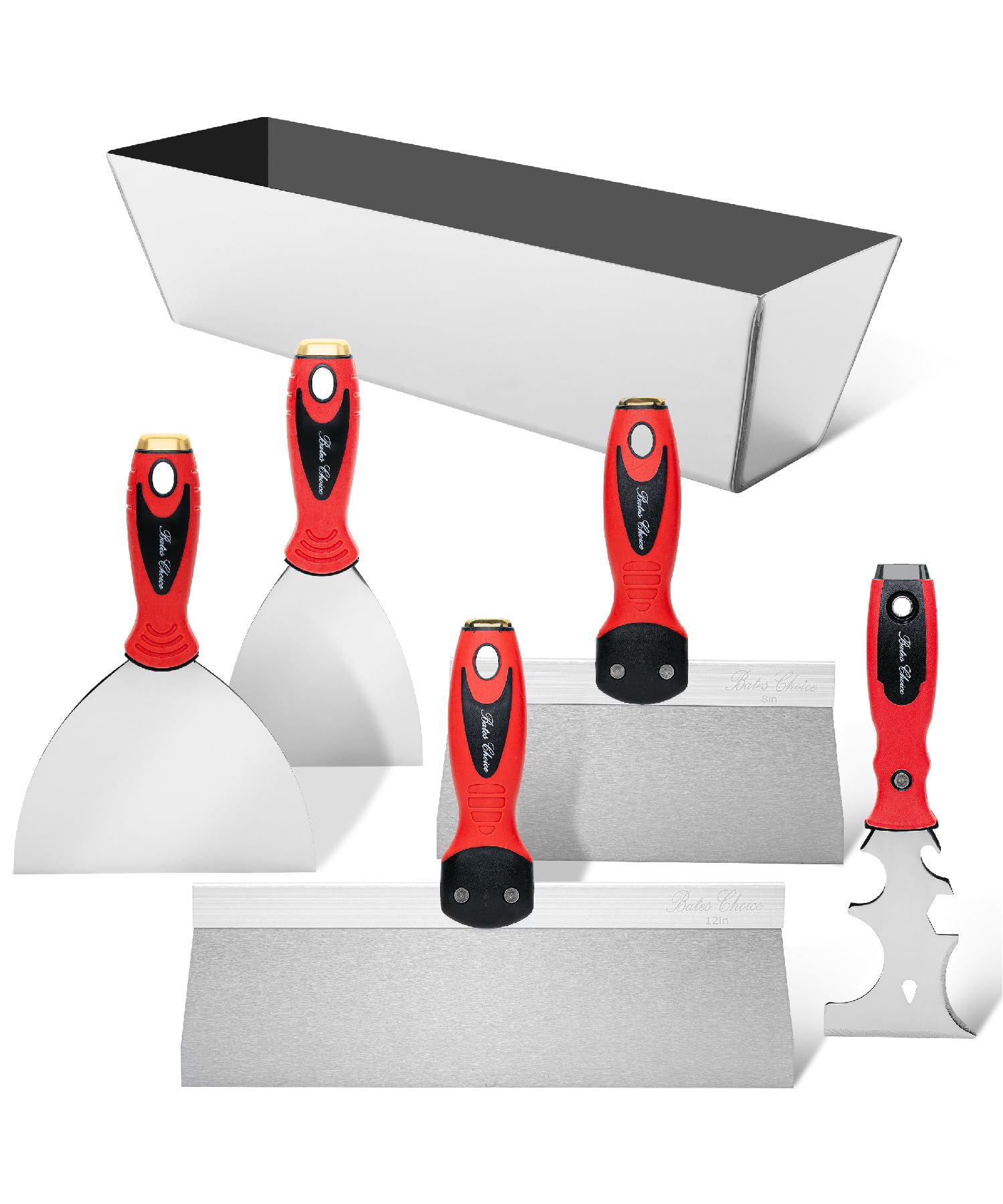 Bates 6-Piece Drywall Knife Set - Professional Drywall Finishing Tools with Mud Pan & Spackle Tools - Perfect for Wall Repair, Patching Holes & Smoothing Joint Compound - Essential for DIY Home Renovation & Construction Projects
