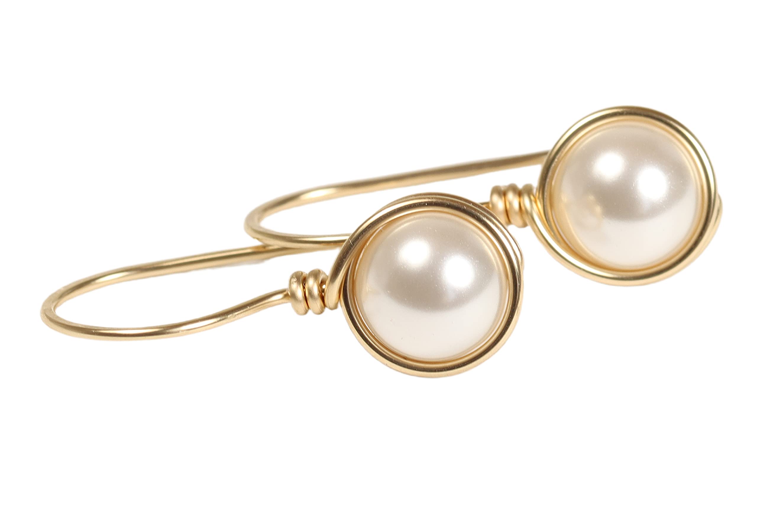 Handmade Gold White Pearl Drop Earrings - Wire Wrapped Dangle Earrings for Women, Elegant Gift for Wedding, Party & Special Occasions