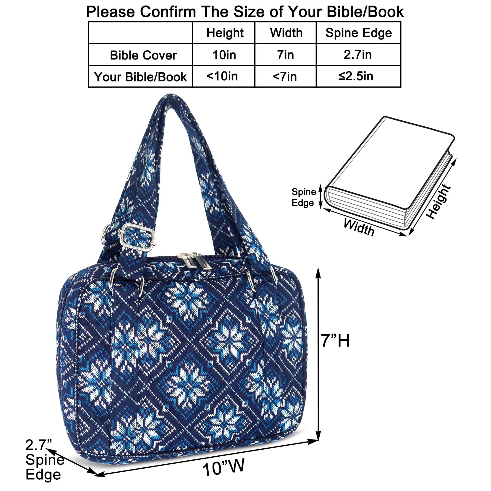 Women's Large Bible Cover with Adjustable Straps - 10x7x2.7 Inch Study Bible Carrying Case with Zipper Pocket - Perfect for Church, Bible Study & Travel