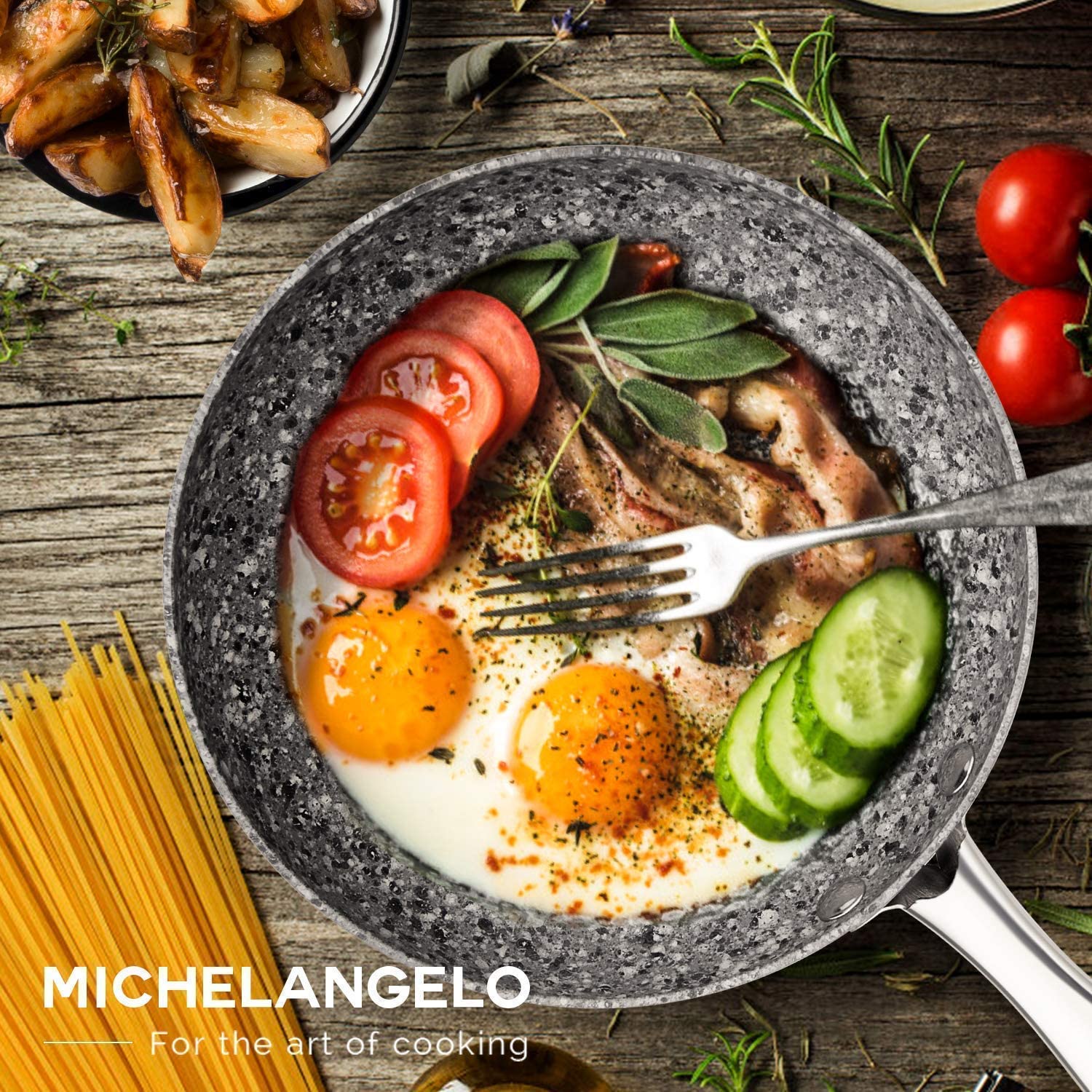 MICHELANGELO 8, 10 & 12 Inch Nonstick Frying Pan Set with Lid - Granite Stone Skillet Cookware with Stone-Derived Coating | Perfect for Searing, Sauteing & Everyday Cooking