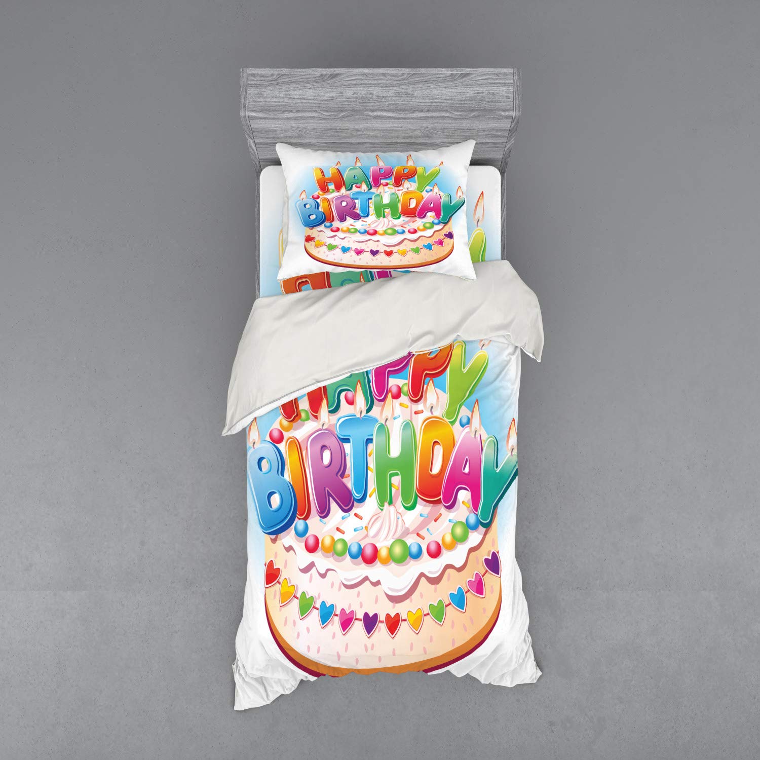 Ambesonne Cartoon Birthday Party Duvet Cover Set - Happy Birthday Cake Candles Hearts Design 3-Piece Twin XL Bedding with Sham & Fitted Sheet - Perfect for Kids' Birthday Decorations & Themed Bedrooms