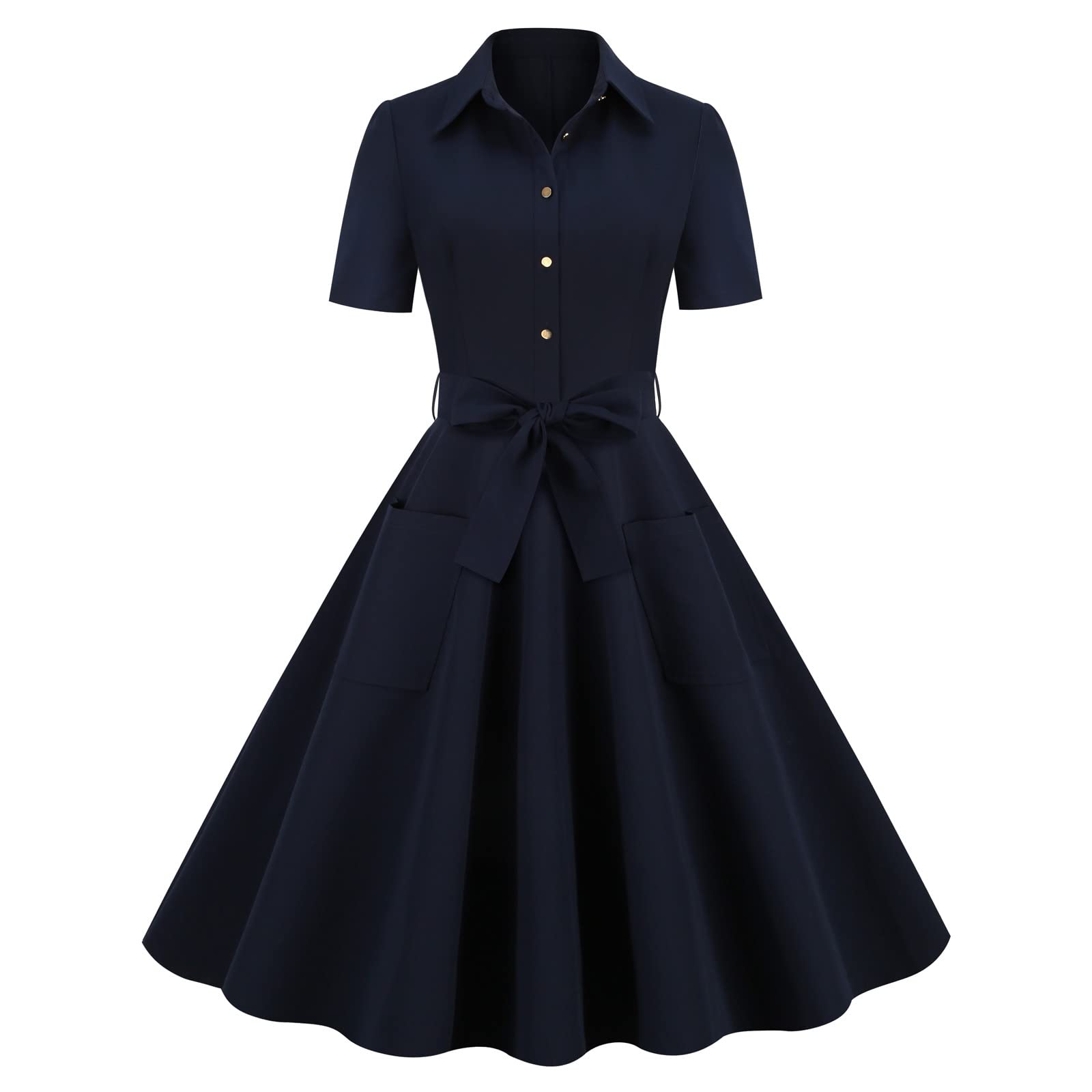 Vintage 1950s Retro Women's Dress with Shirt Collar & Bowknot Belt - Elegant Midi Cocktail Party Prom Dress for Women | Perfect for Cocktail Parties, Prom Nights & Vintage-Themed Events