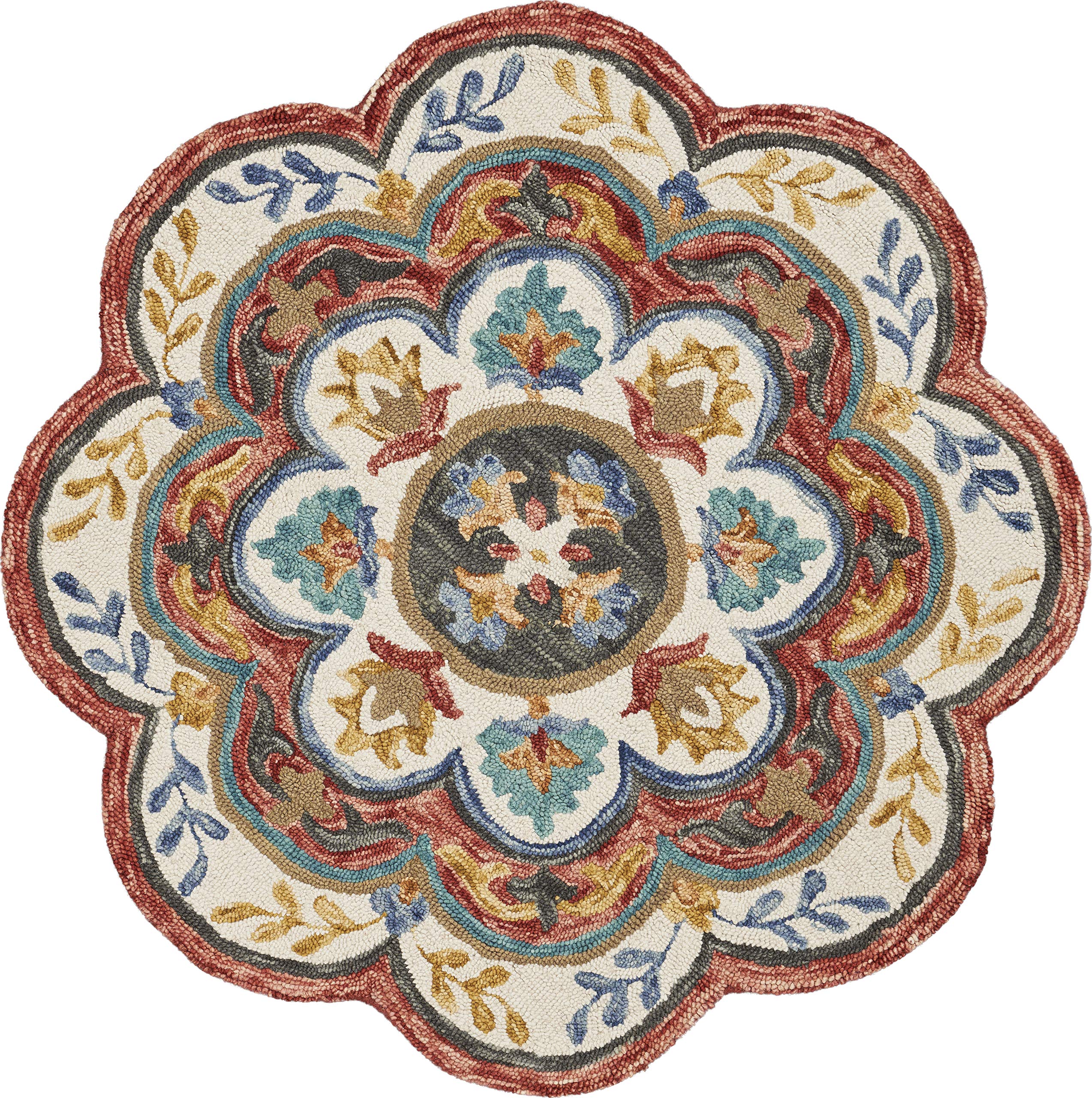 LR Home SINUOUS Round Area Rug 4' - White Red Multicolor Bohemian Design - Perfect for Living Room, Bedroom, or Office Decor