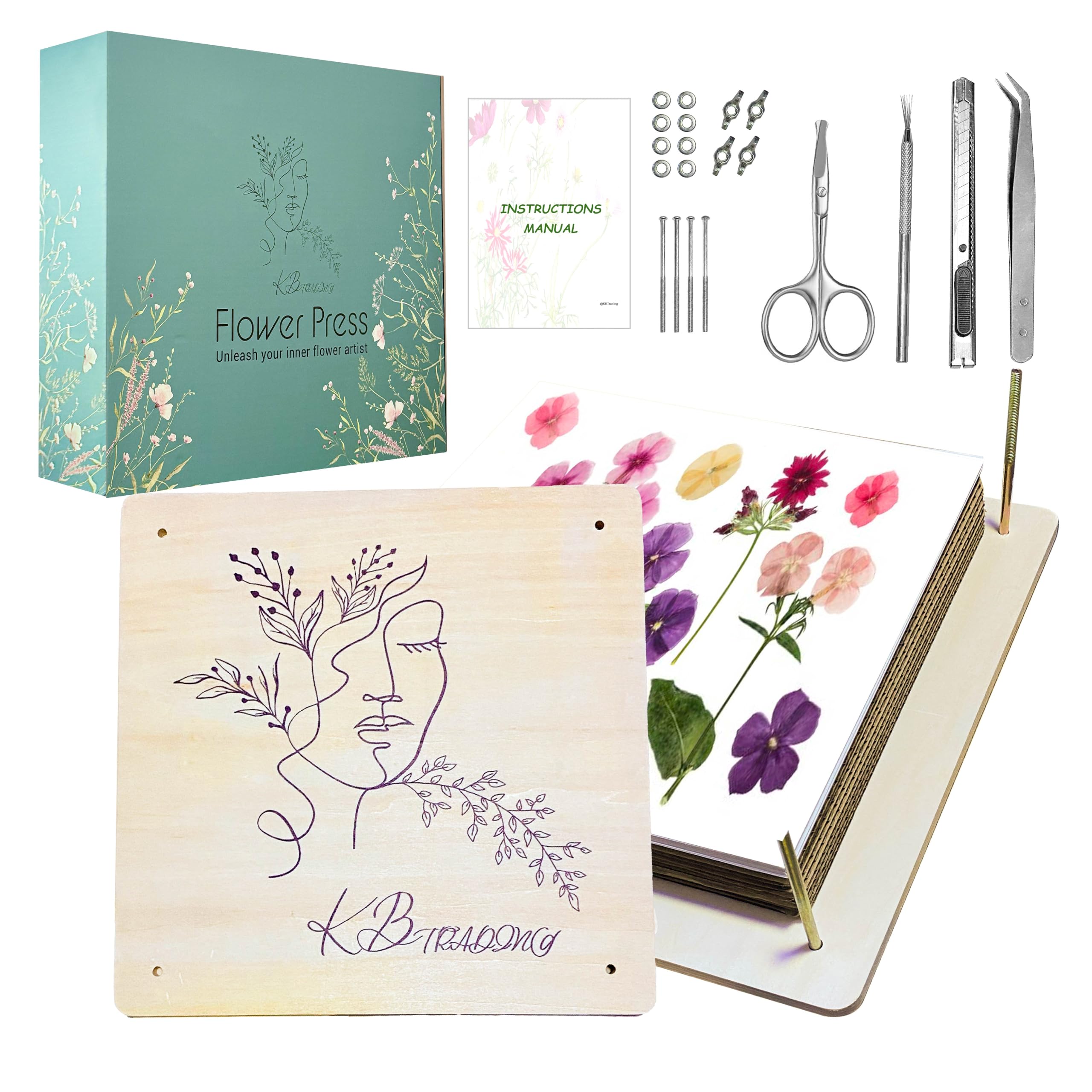KBTrading Large Wooden Flower Press - 11x11 Inch, 10 Layers - DIY Botanical Press Kit for Adults & Kids with Storage Bag - Perfect for Herbarium, Scrapbooking & Nature Crafts