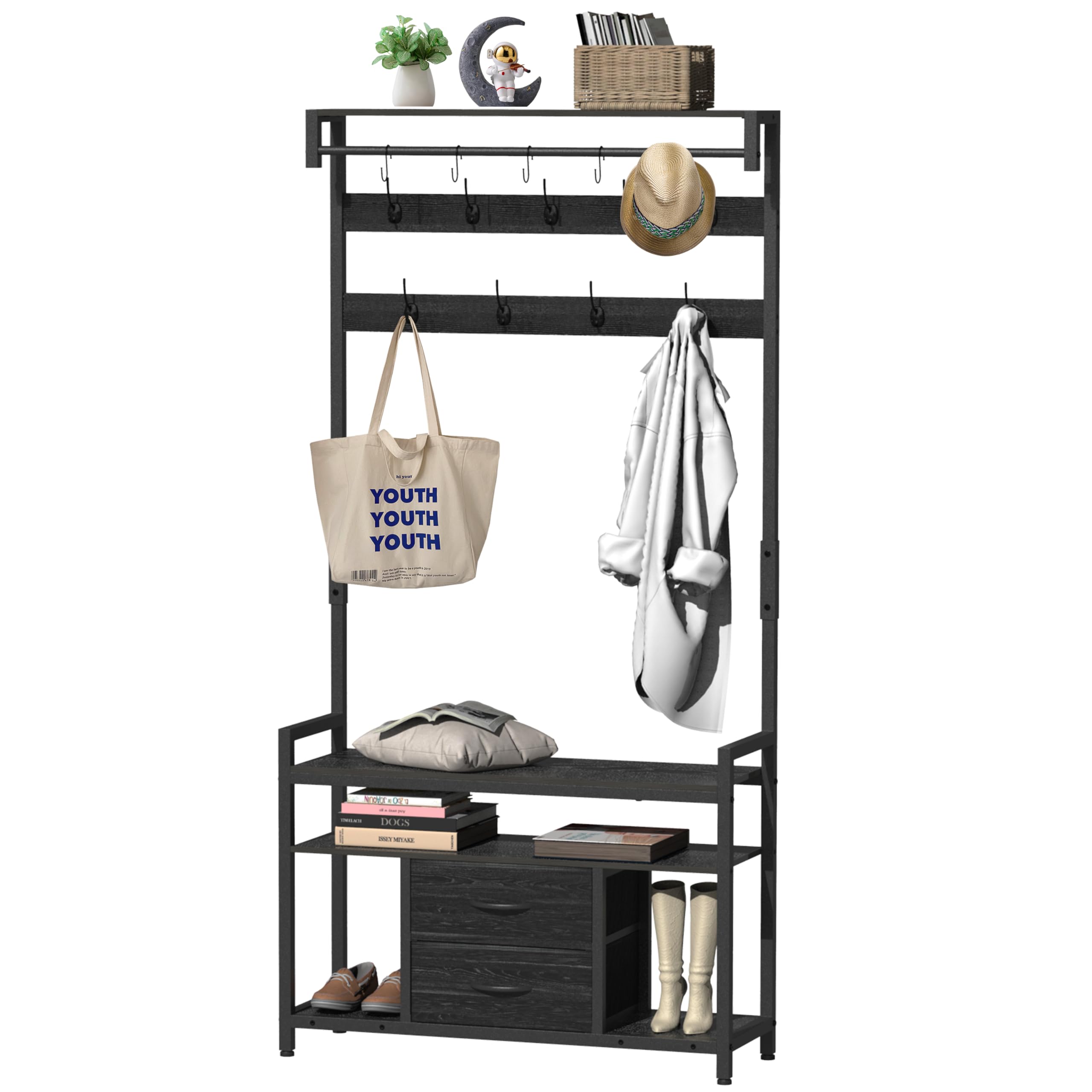 Freestanding Entryway Hall Tree with Shoe Storage Bench, Coat Rack, 2 Fabric Drawers & 3 Shelves - 14 Hooks for Jackets & Accessories - Perfect for Hallway, Living Room, Bedroom & Entry Organization - Black