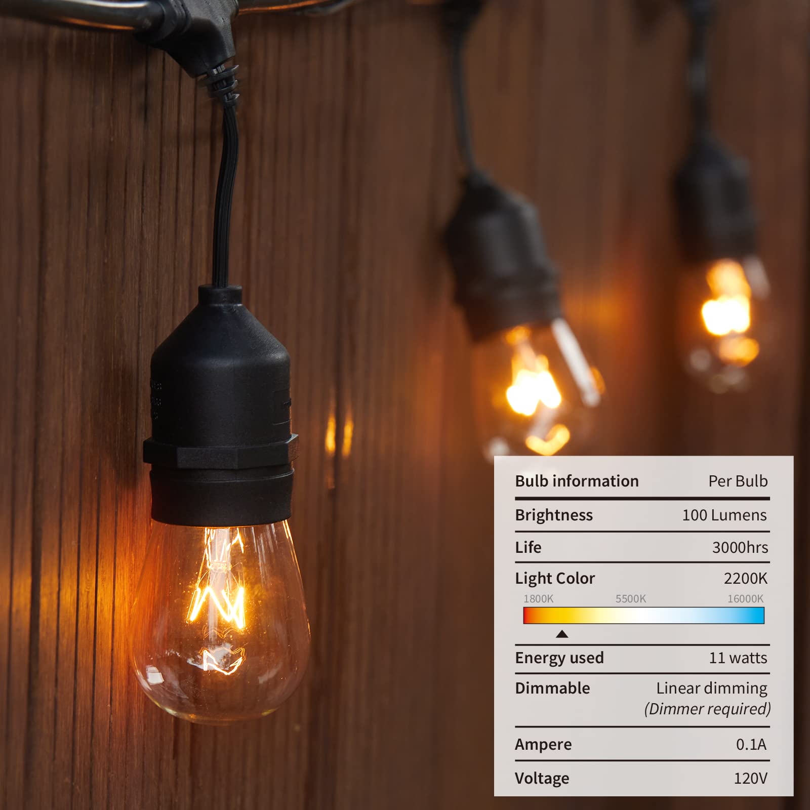48FT Outdoor String Lights - Waterproof Patio Lights with 15 Edison Bulbs, Heavy Duty Strand for Garden, Cafe, Bistro & Porch Decor | 11W Warm White LED Hanging Lights for Outdoor Parties, Weddings & Backyard Ambiance