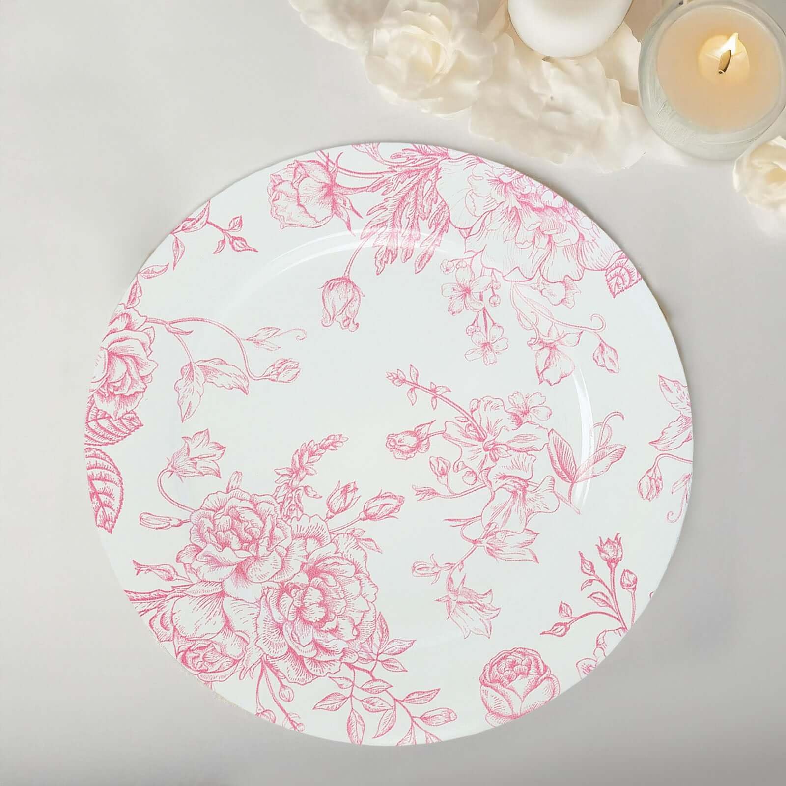 Efavormart 6-Pack White & Pink Floral Acrylic Charger Plates - French Toile Pattern Round Dinner Plates for Weddings, Parties & Events (13 Inch) - Elegant Table Decor for Dining & Special Occasions