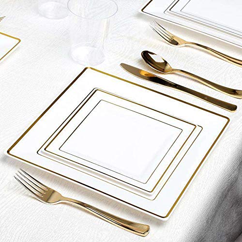 Elegant White Gold-Rimmed Square Edge Disposable Plastic Dinner Plates - 9.5 Inch (10-Pack) for Wedding, Party, Birthday, Anniversary & Holiday Celebrations - Premium Disposable Tableware for Catering, Events & Home Use