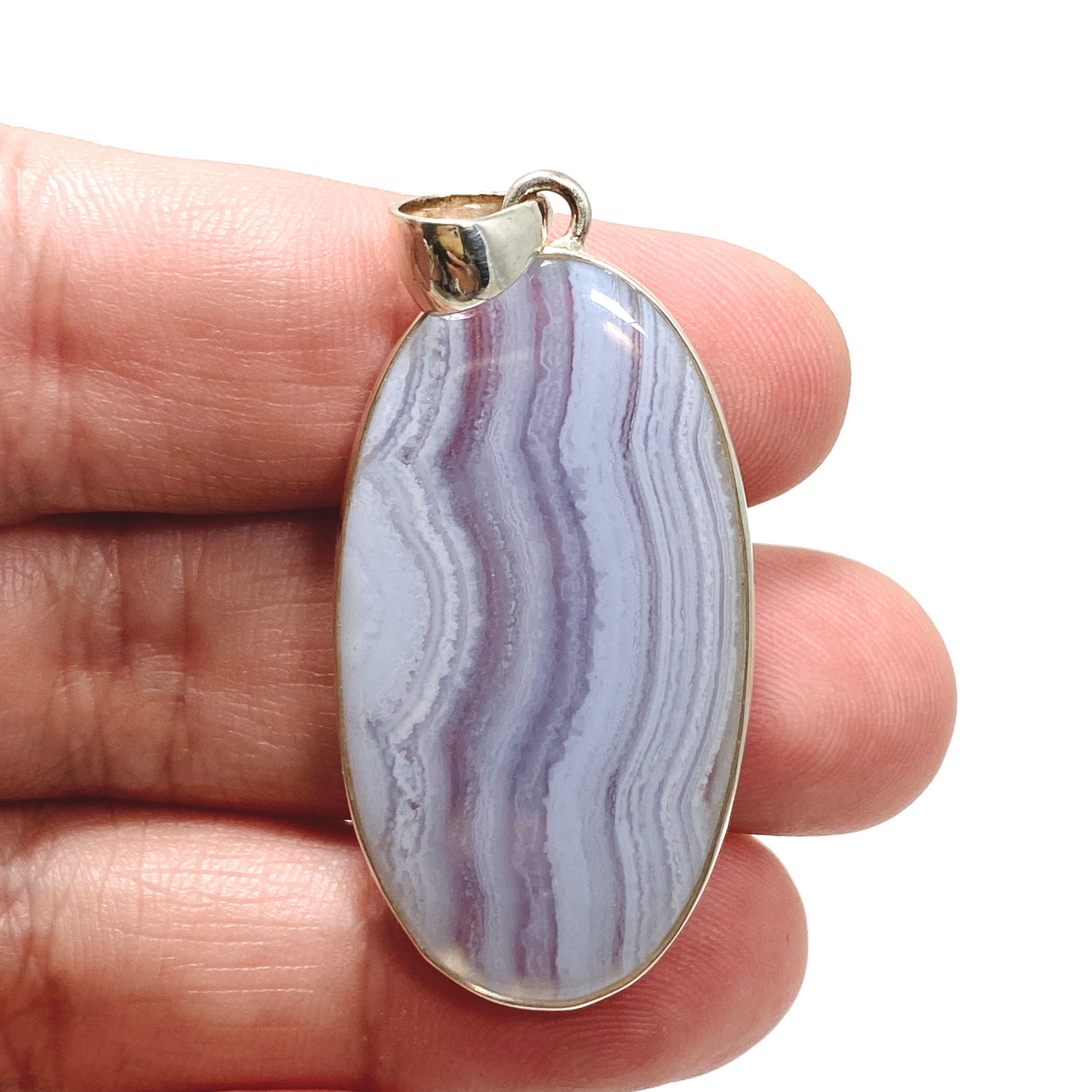 Blue Lace Agate Oval Cabochon Pendant KPGJ4823 - Natural Stone Jewelry for Women, Healing Crystal Necklace for Meditation & Spiritual Gifts