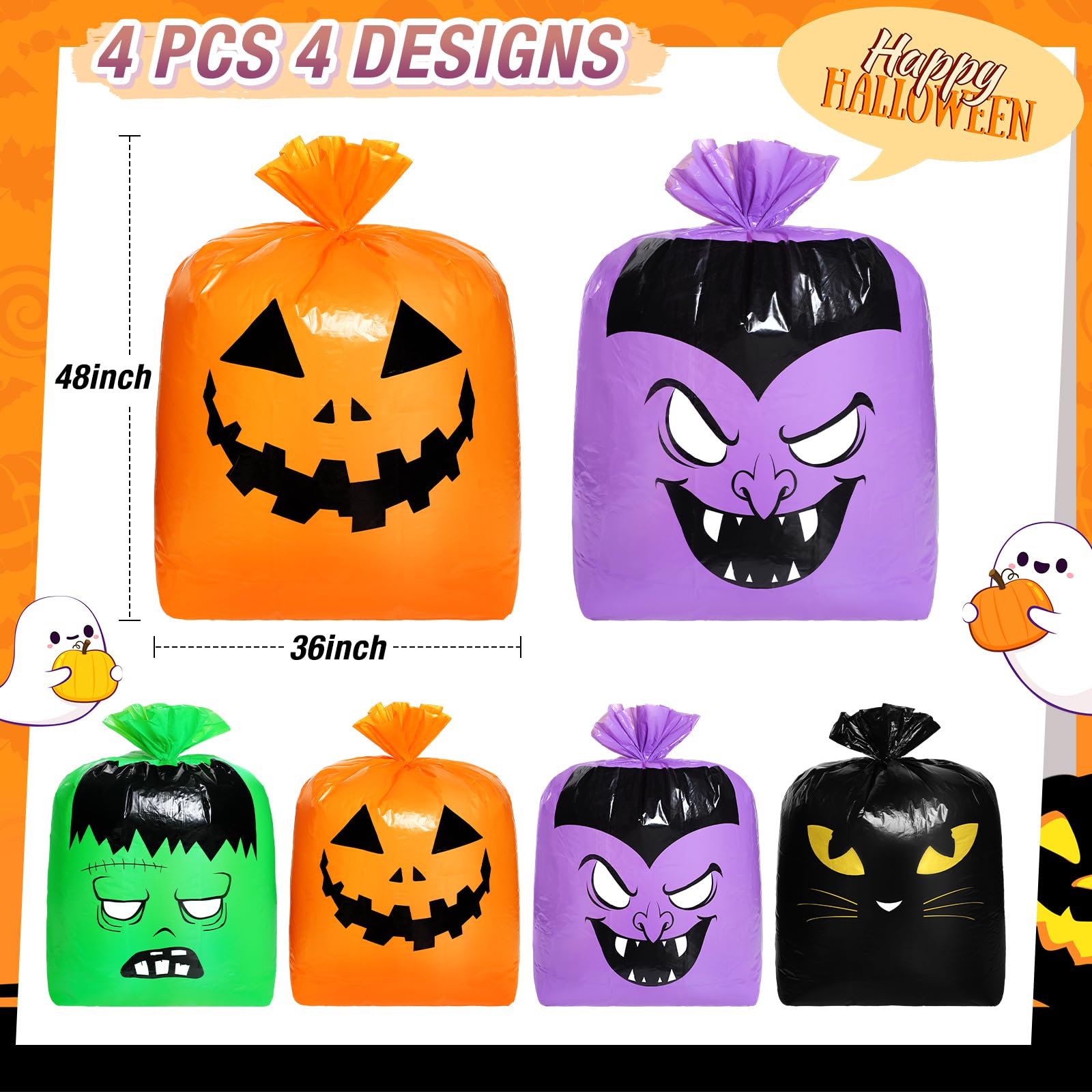 Qilery 4-Pack Extra Large Halloween Pumpkin Leaf Bags - Heavy Duty Reusable Plastic Lawn & Yard Waste Bags with Twist Ties | Fall Decor, Garden Cleanup, Outdoor Party Supplies & Trick-or-Treat Goodie Bags for Halloween Celebrations