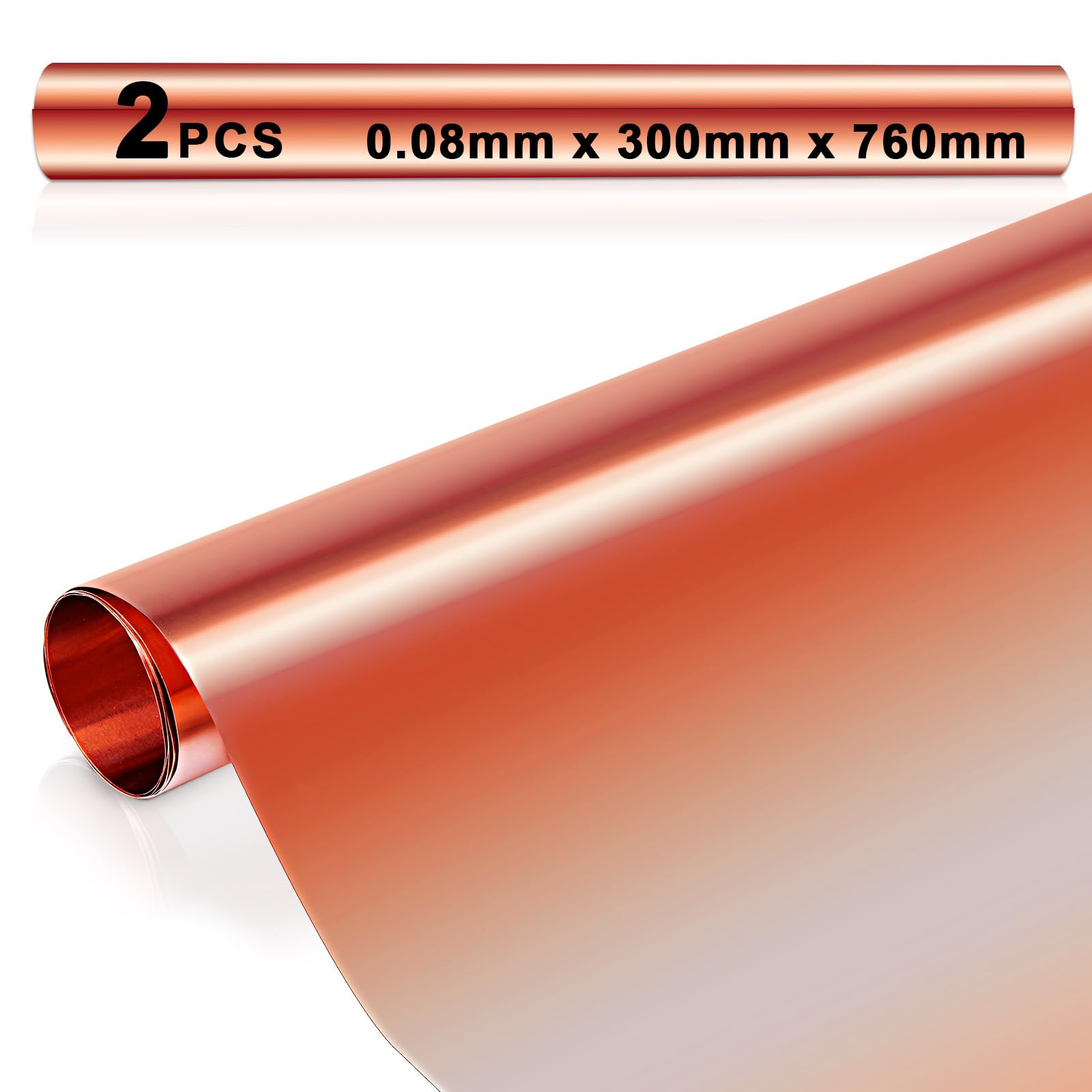 2 Pcs 99.9% Pure Copper Foil Sheet Rolls - 0.08mm x 300mm x 760mm Copper Flashing for Metal Crafting, DIY Projects, Jewelry Making & Roof Repair - High-Quality Copper Sheets for Artisans and Home Improvement