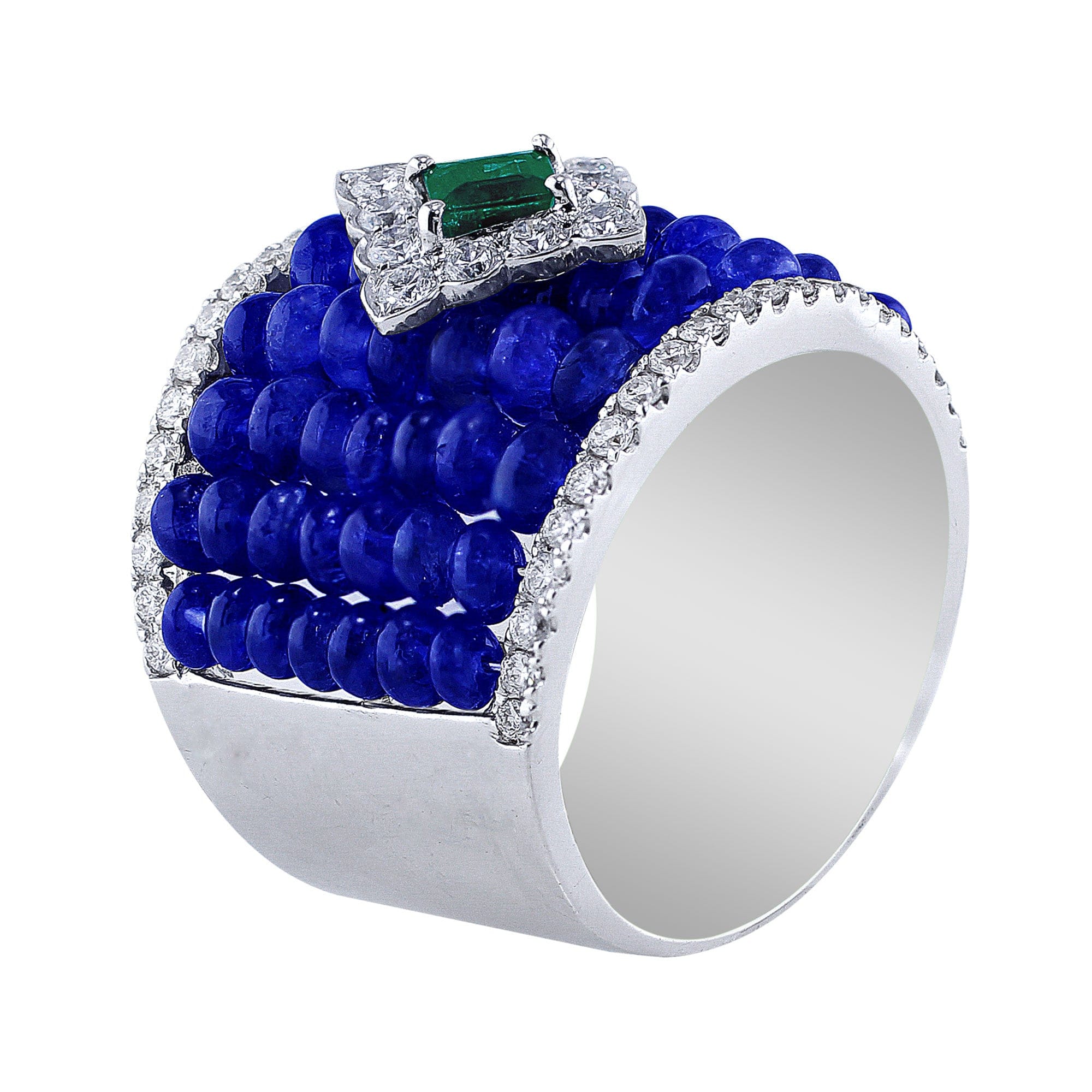 18K White Gold Wide Sapphire and Diamond Center Emerald Ring for Women - Elegant Wedding, Engagement, Anniversary Gift for Her