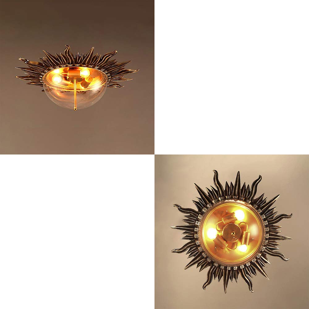 Vintage Industrial LED Flush Mount Ceiling Light Fixture - 3-Light Metal & Glass Sun Design for Living Room, Foyer, Cafe & Restaurant | Retro Hanging Pendant Lighting for Home & Commercial Spaces