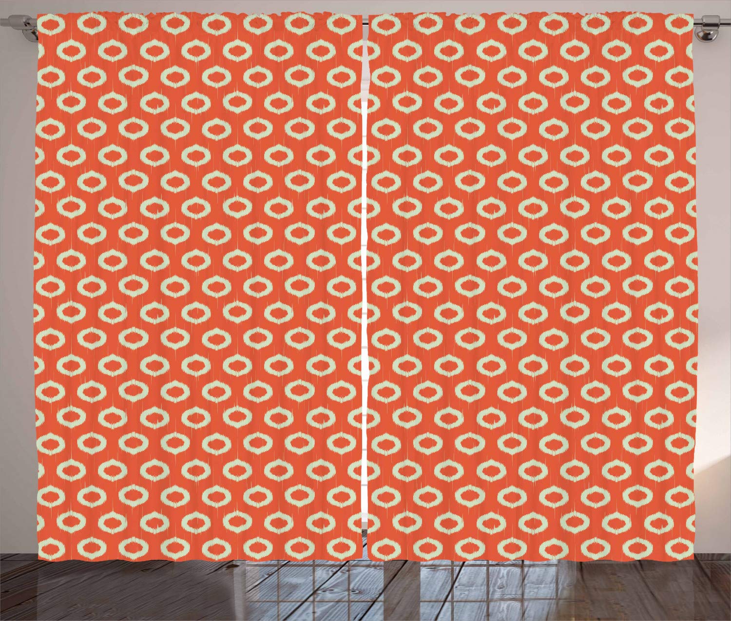 Ambesonne Ikat Vintage Abstract Curtains - Orange & Pale Yellow Repeating Oval Shapes with Grunge Effect, 2 Panel Set 108