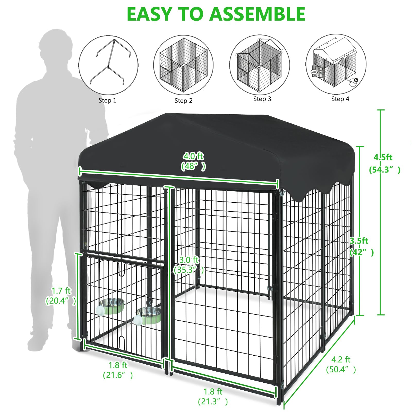Heavy Duty Outdoor & Indoor Dog Kennel with Roof - 4.2' x 4' x 4.5' Large Dog Cage with Waterproof Cover & Adjustable Feeding Bowls - Perfect for Yard, Patio, or Home Use - Durable Dog House for All Weather Conditions