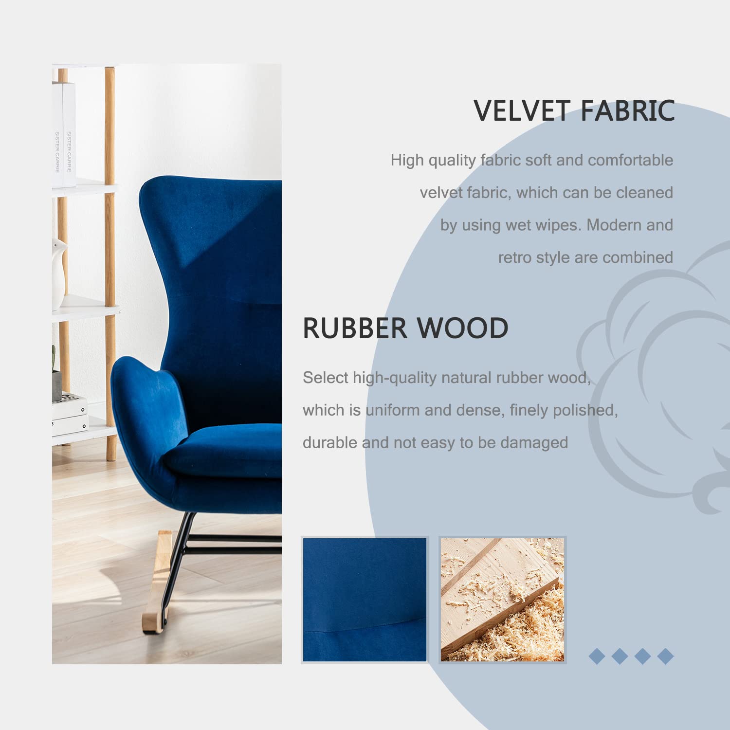 Modern Rocking Chair - Comfortable Upholstered Accent Chair with High Backrest & Armrests, Nursery Glider Rocker for Baby Room, Living Room & Bedroom (Blue) - Perfect for Nursing, Relaxing & Reading