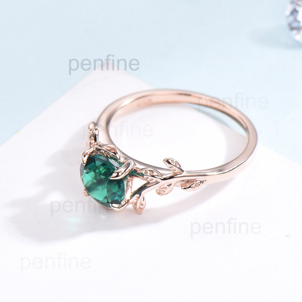 1 Carat Round Cut Emerald Solitaire Engagement Ring with Filigree Leaf Design - Perfect for Proposals, Anniversaries & Special Occasions