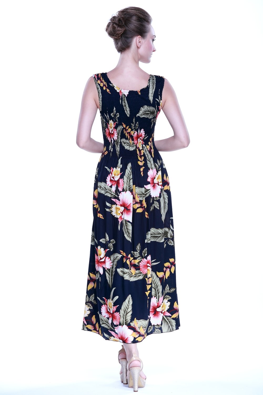 Matching Couple Hawaiian Luau Aloha Shirts & Elastic Tank Dresses - Cream Rafelsia Print for Beach Vacation, Summer Party, and Tropical Date Night