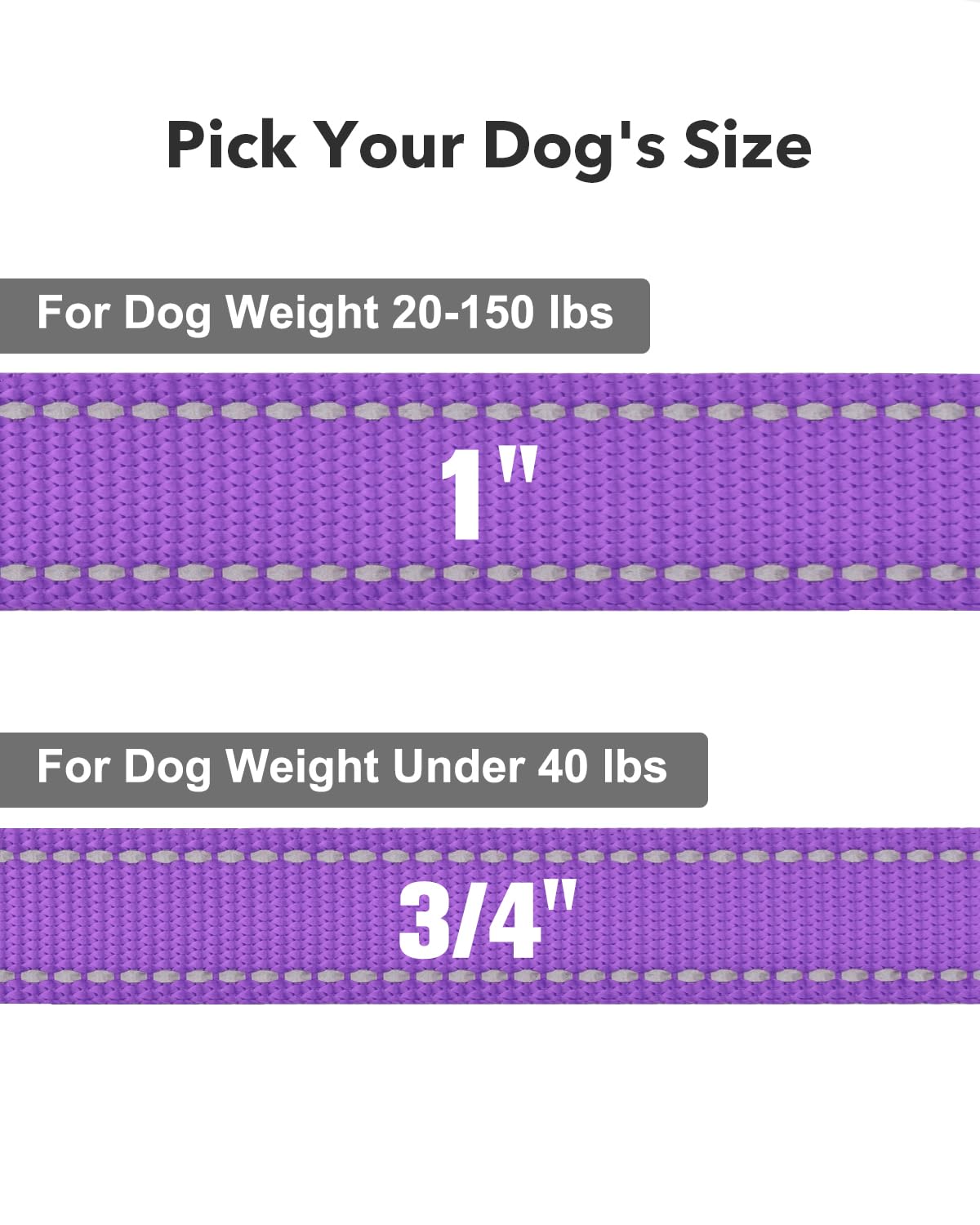 Premium Reflective Dog Leash for Medium & Large Breeds (20-150 lbs) - 4ft Neoprene-Padded Handle & Double-Sided Safety Design - Durable 1-Inch Wide Purple Leash for Walking, Running & Nighttime Visibility