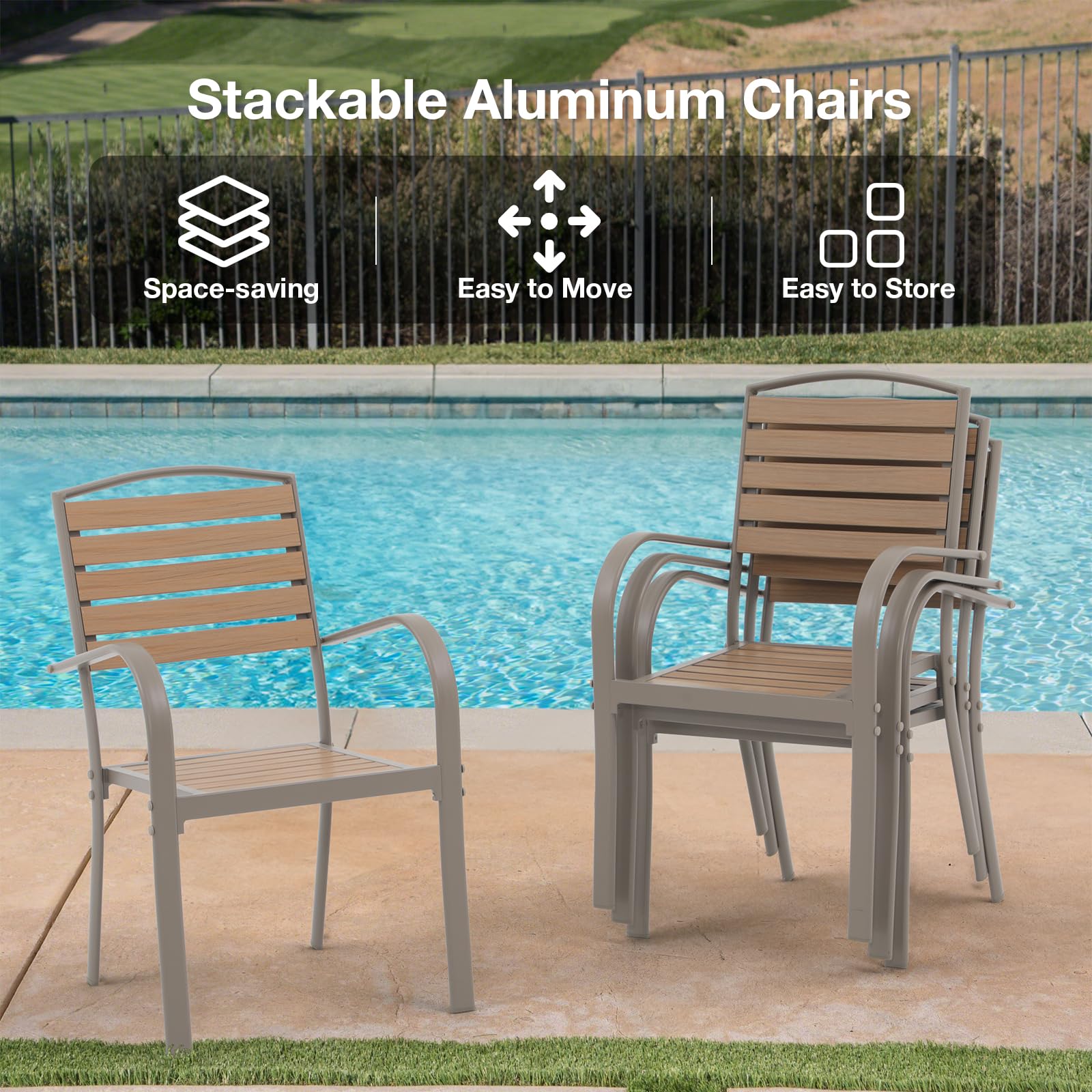 Premium Aluminum Outdoor Dining Chairs Set of 2 - Stackable All-Weather Patio Chairs with Armrests, Faux Wood Finish in Teakwood Brown - Perfect for Backyard, Garden, Restaurant & Bistro Settings