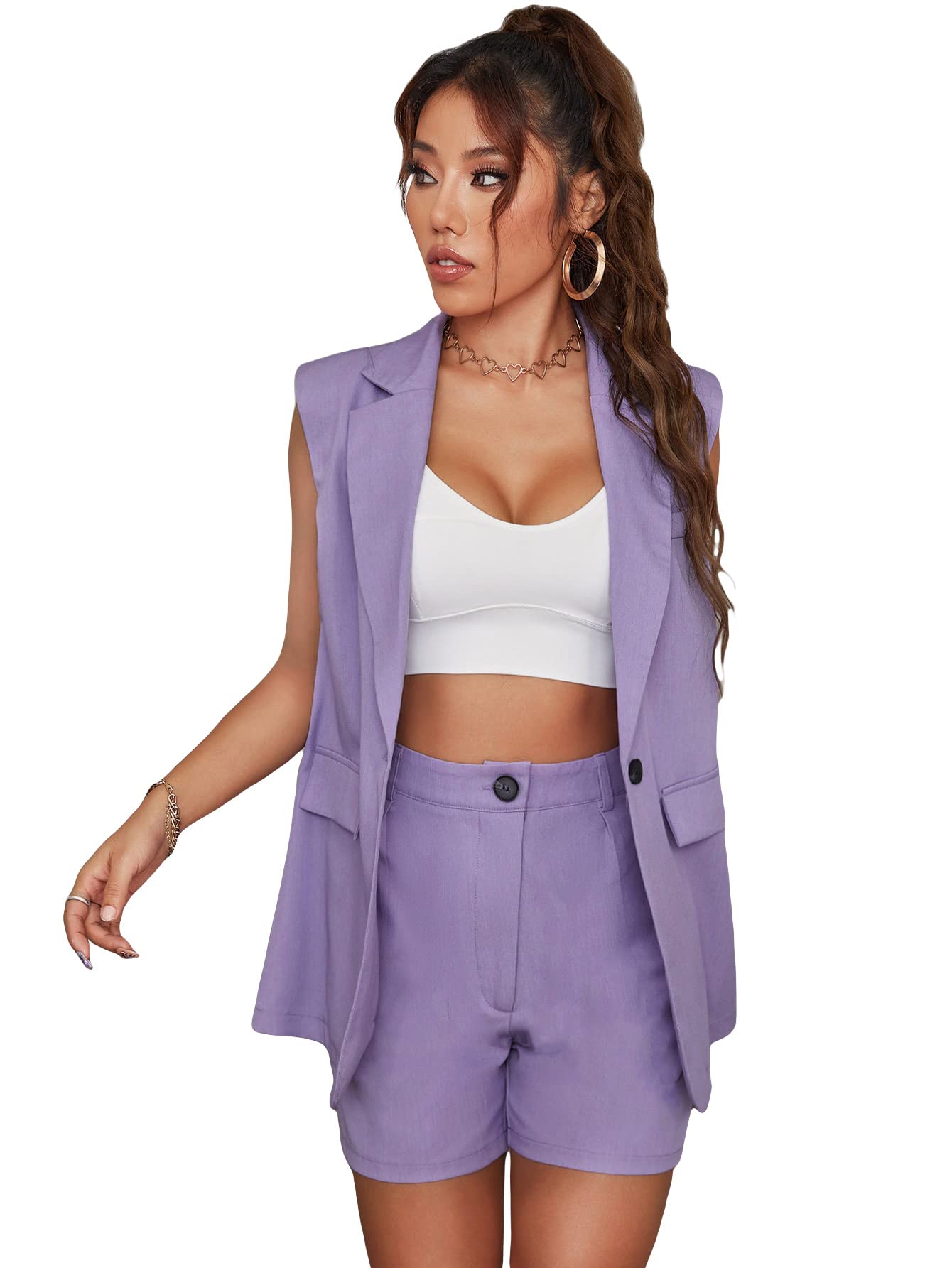 SheIn Women's 2-Piece Blazer and Shorts Set - Lapel Neck Sleeveless Vest with Shoulder Pads | Office Wear, Business Casual Outfit, Summer Fashion Ensemble