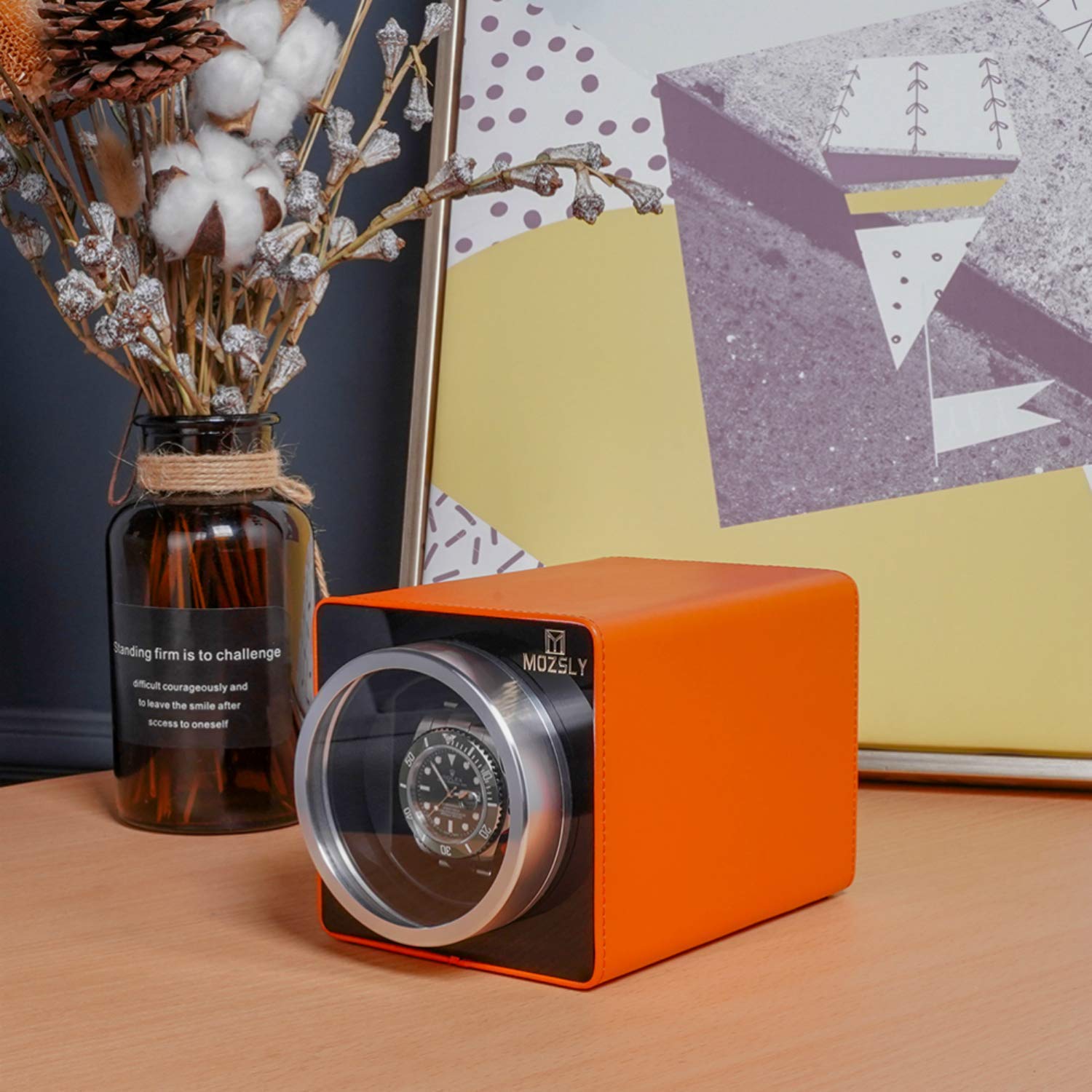 Premium MOZSLY Leather Watch Winder - 12 Rotation Modes for Automatic Watches (Orange & Black) | Perfect for Watch Collectors & Luxury Timepiece Storage at Home/Office